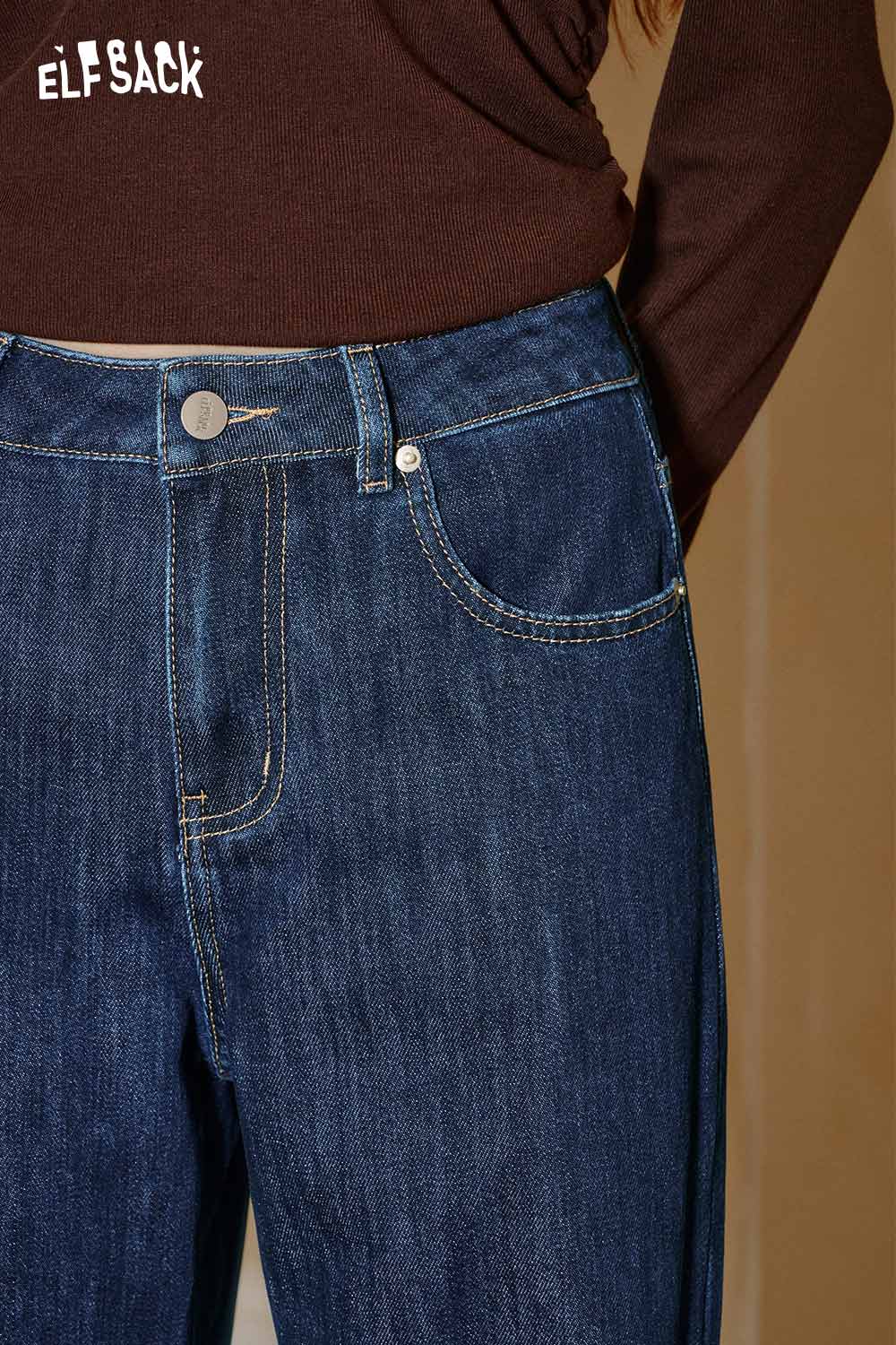 ELFSACK star stitch denim pants women in a classic dark wash with a relaxed fit and stylish pocket details