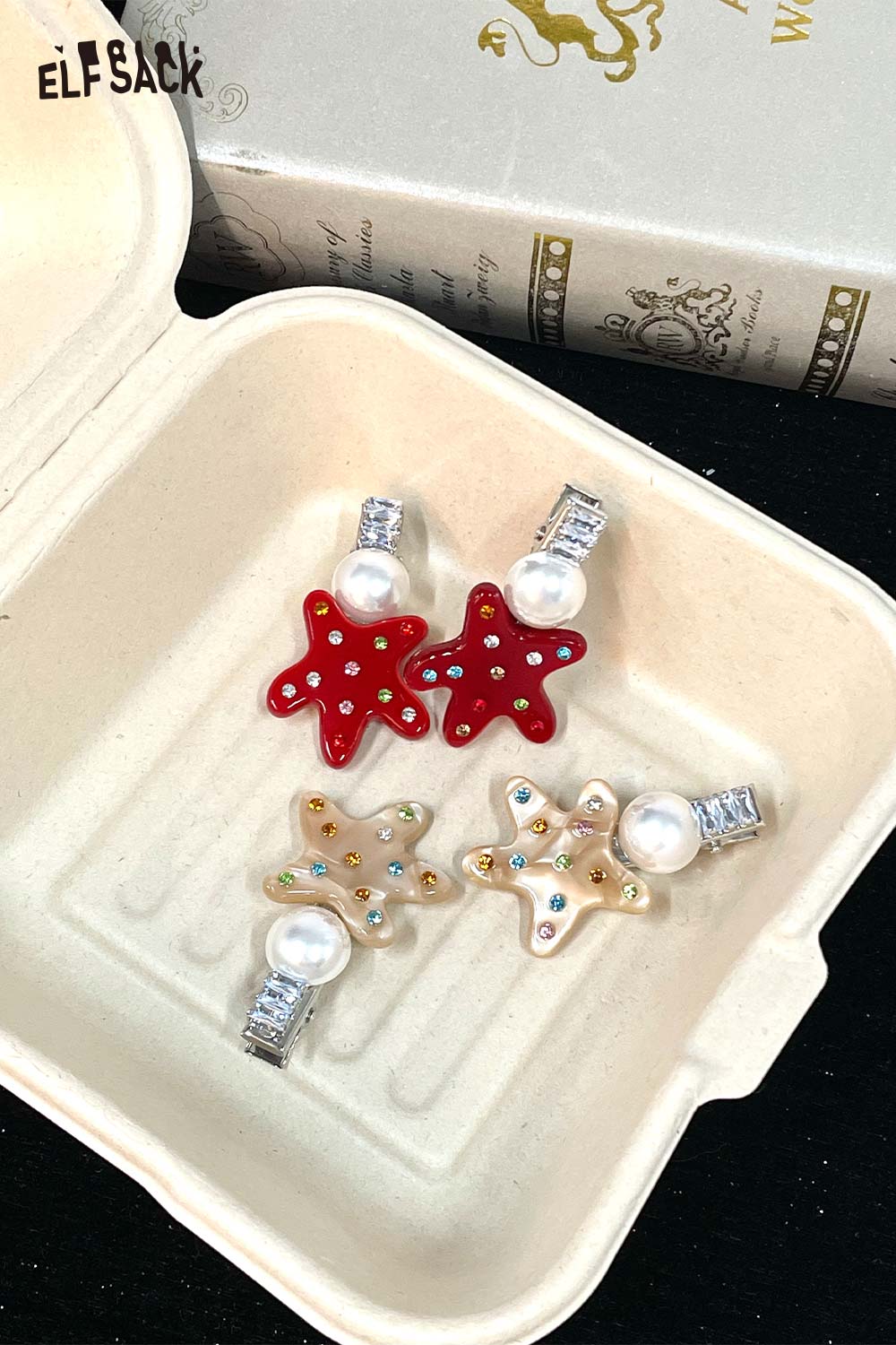 ELFSACK starfish pearl hairpin set featuring colorful star designs with pearl accents