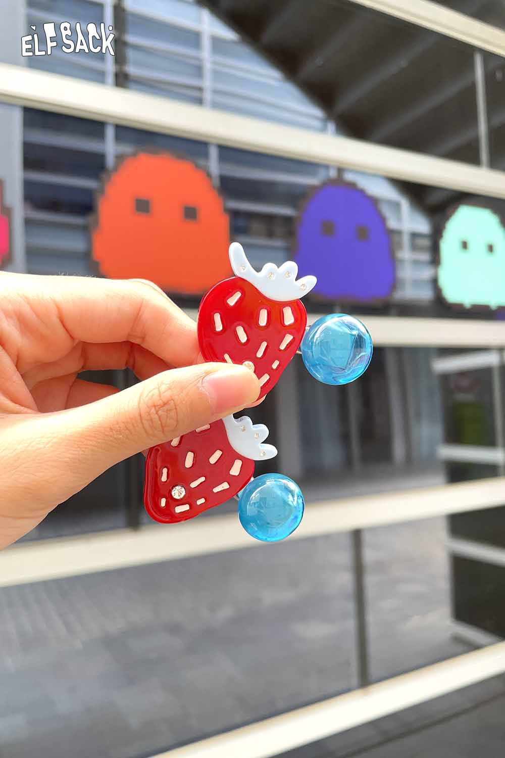 ELFSACK strawberry cherry hairpin featuring a bright red strawberry design with blue accents