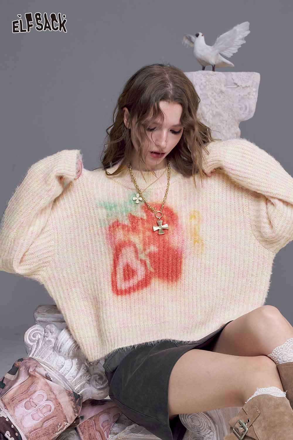 ELFSACK strawberry graphic knit sweater with a cozy design and colorful strawberry print.