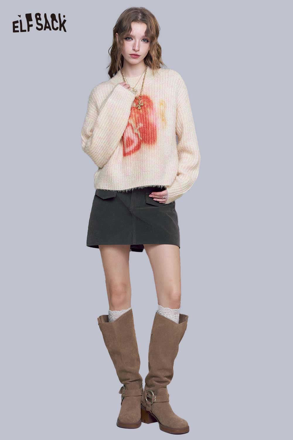 ELFSACK strawberry graphic knit sweater in cream with a playful design, perfect for casual outfits