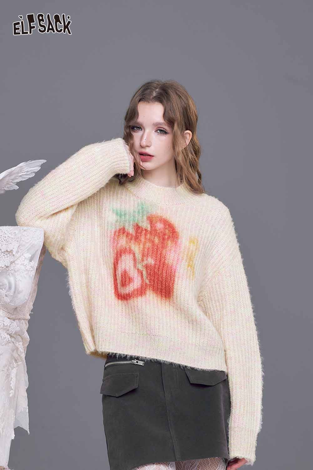 ELFSACK strawberry graphic knit sweater in soft pastel colors, perfect for casual outfits