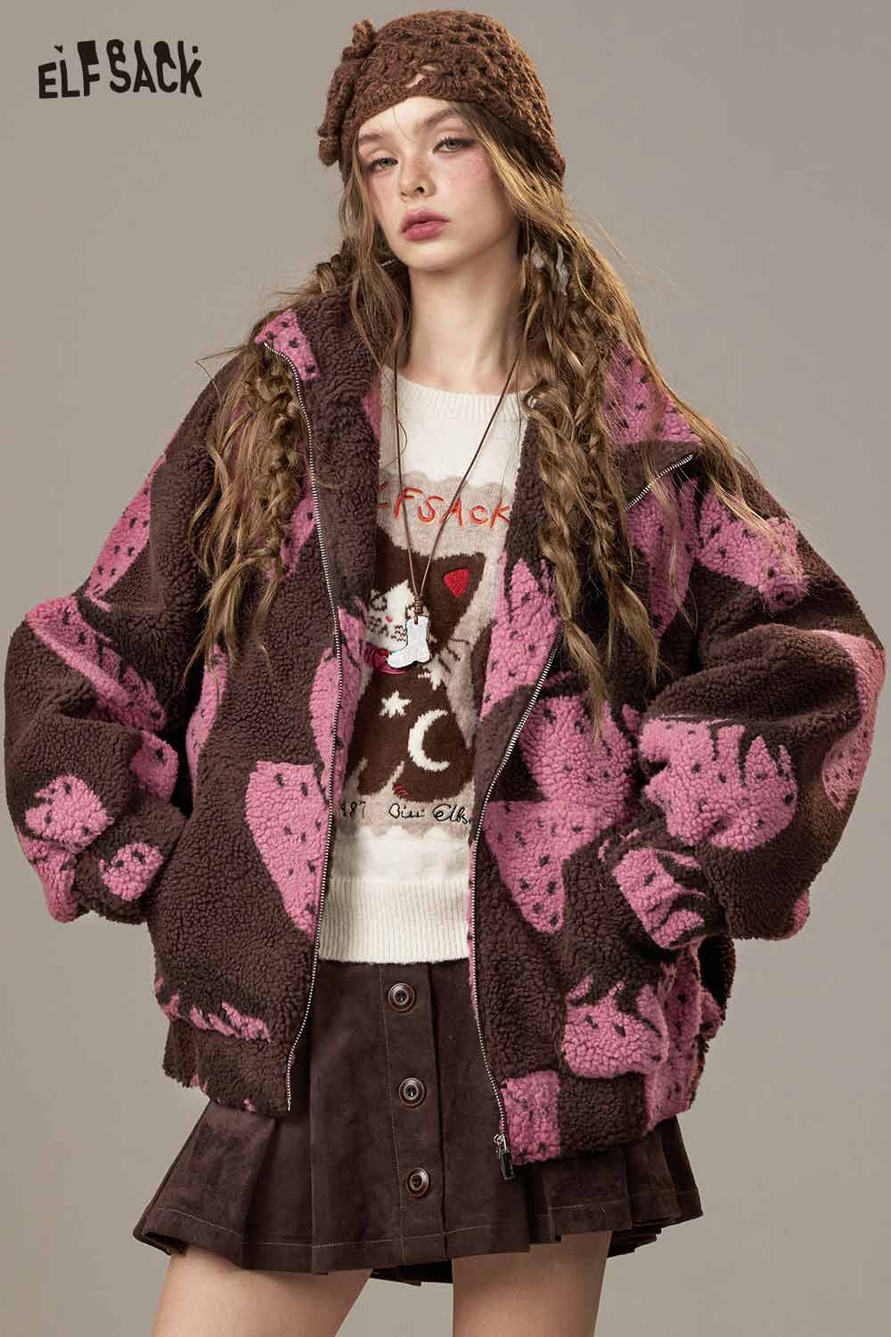 ELFSACK strawberry print hooded coat in cozy fabric with oversized fit, perfect for stylish winter layering