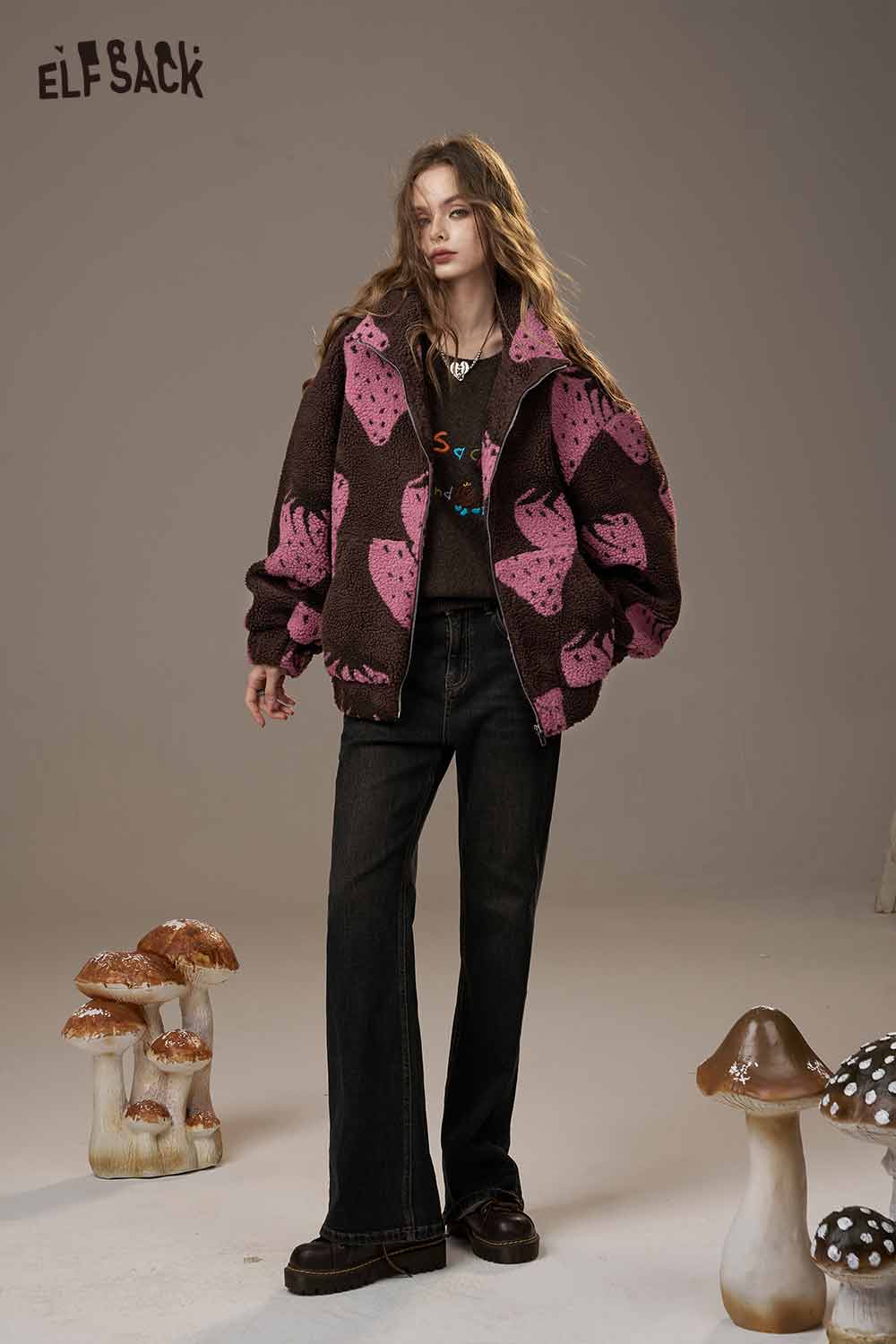 ELFSACK strawberry print hooded coat in brown with pink strawberries, styled with black pants