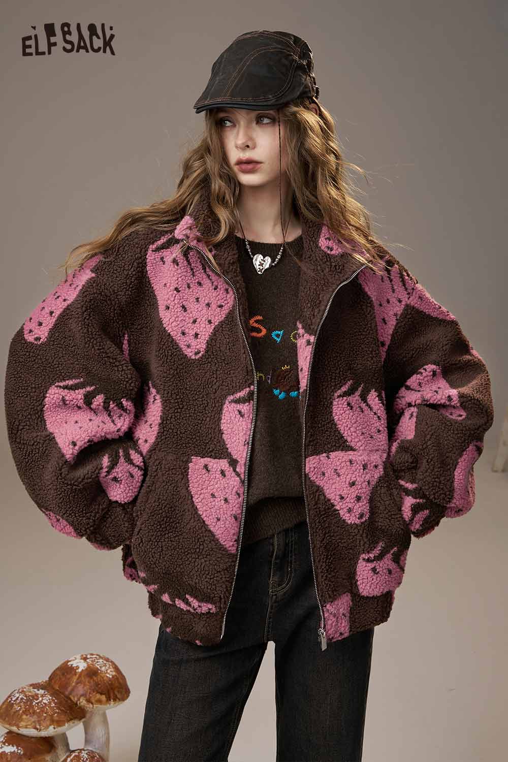 ELFSACK strawberry print hooded coat in brown and pink design with oversized fit and cozy texture