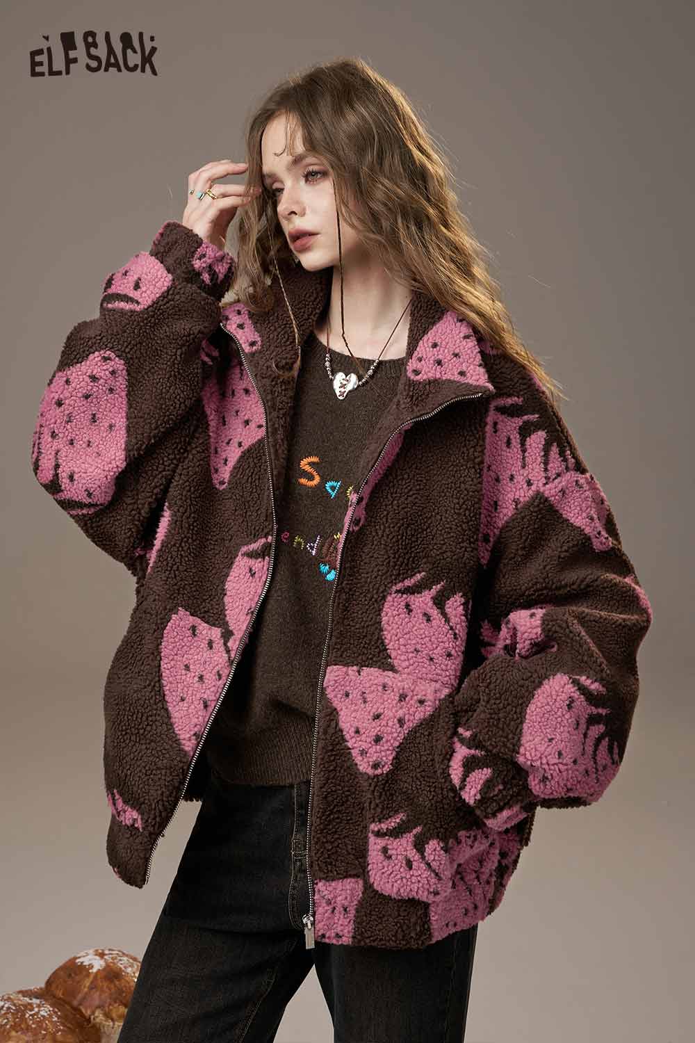 ELFSACK strawberry print hooded coat featuring a cozy design with pink and brown colors