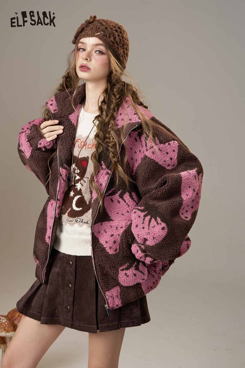 ELFSACK strawberry print hooded coat with oversized design and cozy fleece for stylish warmth