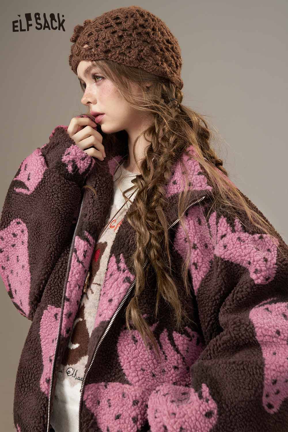 ELFSACK strawberry print hooded coat featuring a cozy design with playful colors and plush texture