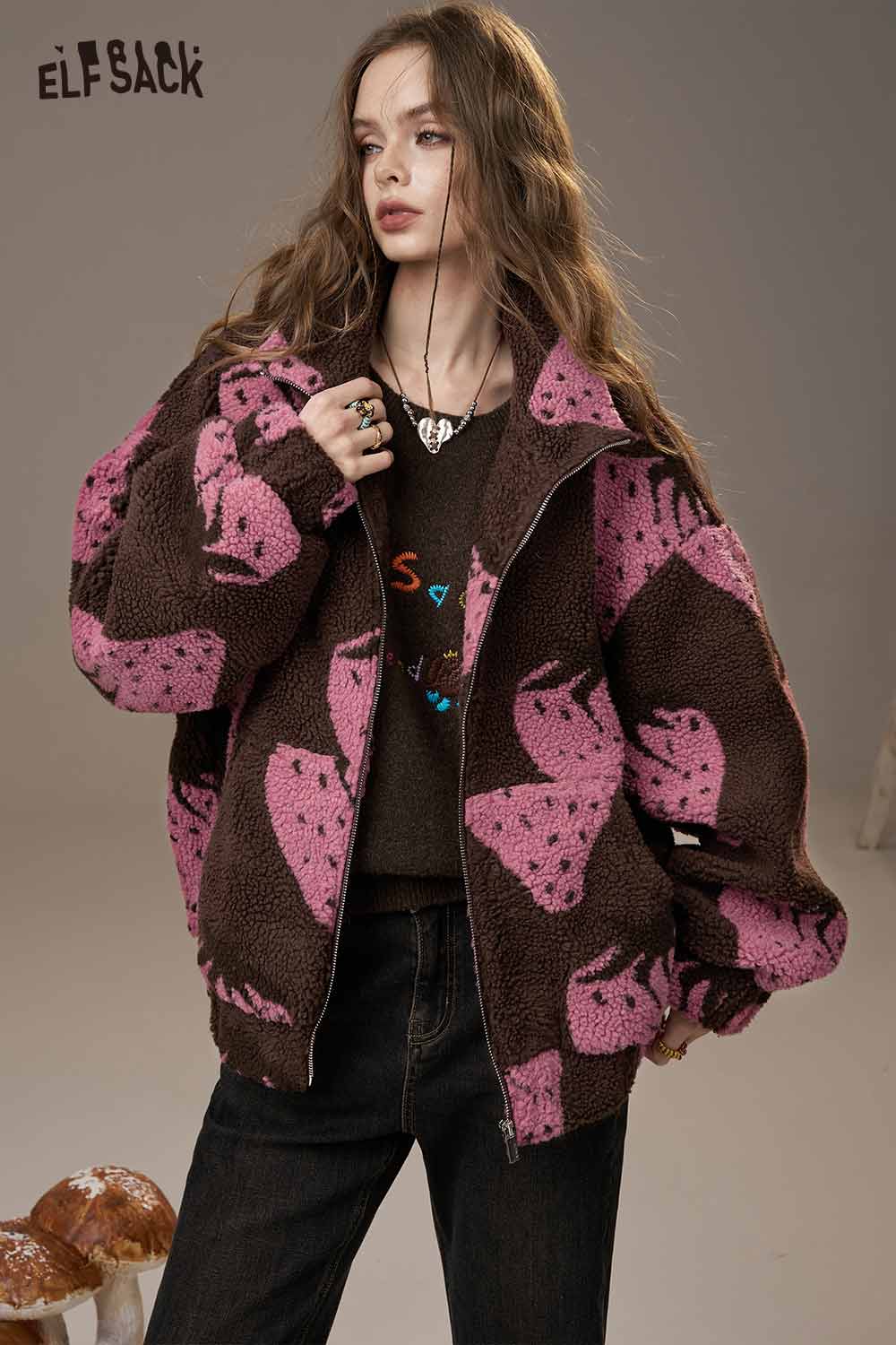 ELFSACK strawberry print hooded coat in brown and pink, featuring a cozy design perfect for casual wear