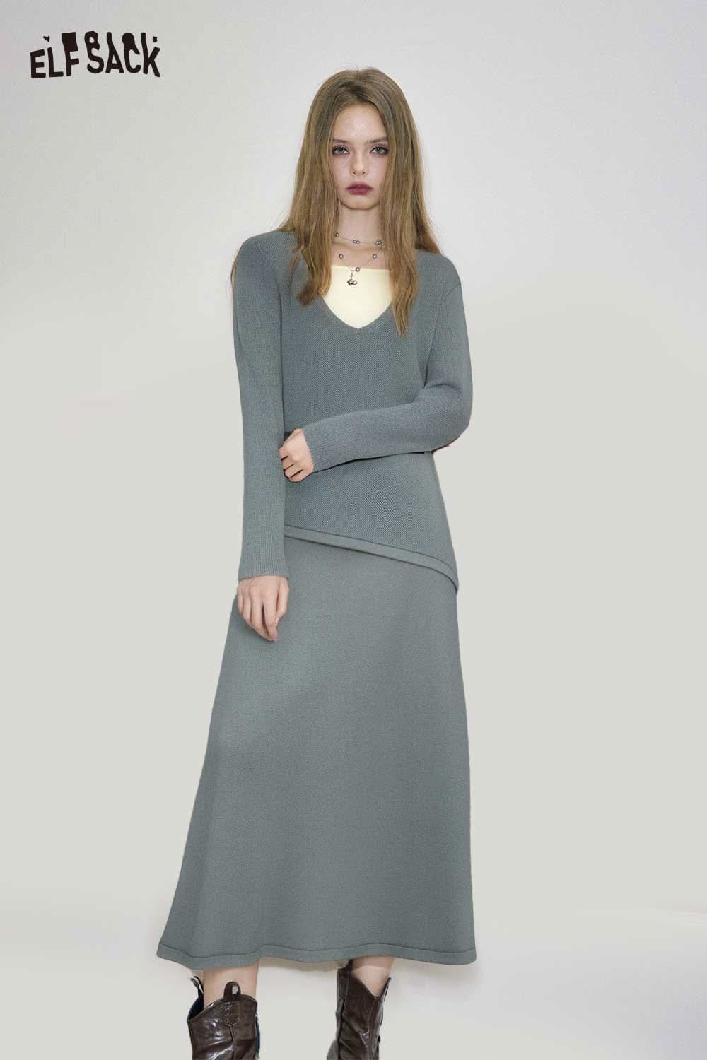 ELFSACK stretch jersey v-neck bodycon dress in a soft gray color, ideal for stylish casual wear