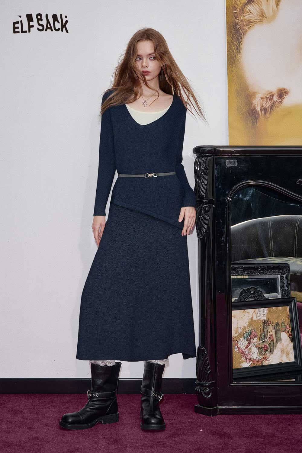 ELFSACK stretch jersey v-neck bodycon dress featuring a stylish layered design and chic silhouette