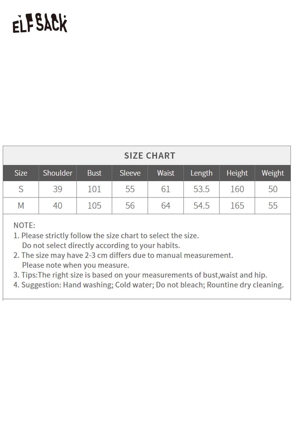 ELFSACK Size Chart for stretch jersey v-neck bodycon dress with measurements for bust, waist, and length