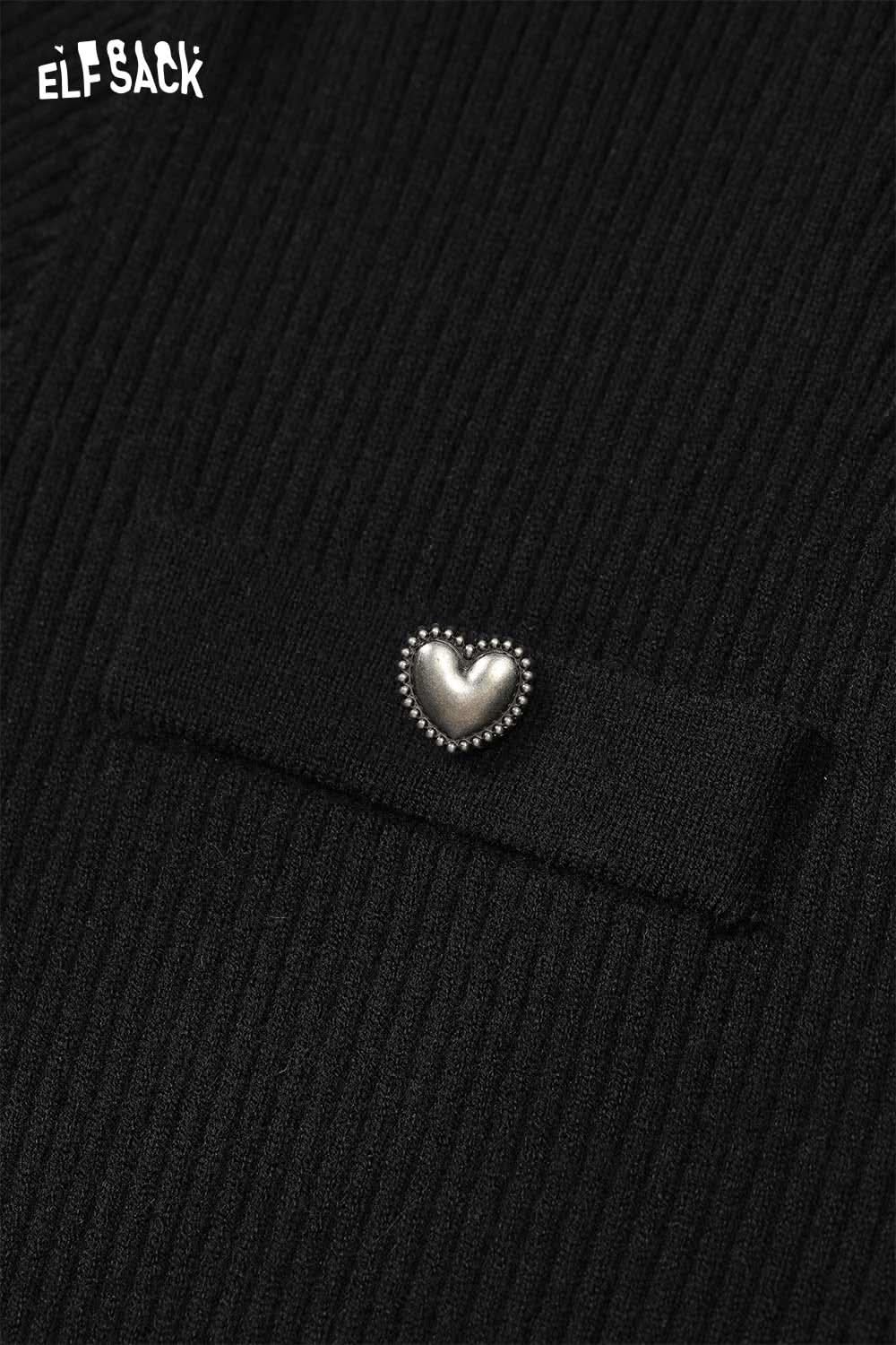 Close-up of ELFSACK stretch knit bodycon midi dress featuring a heart-shaped button detail