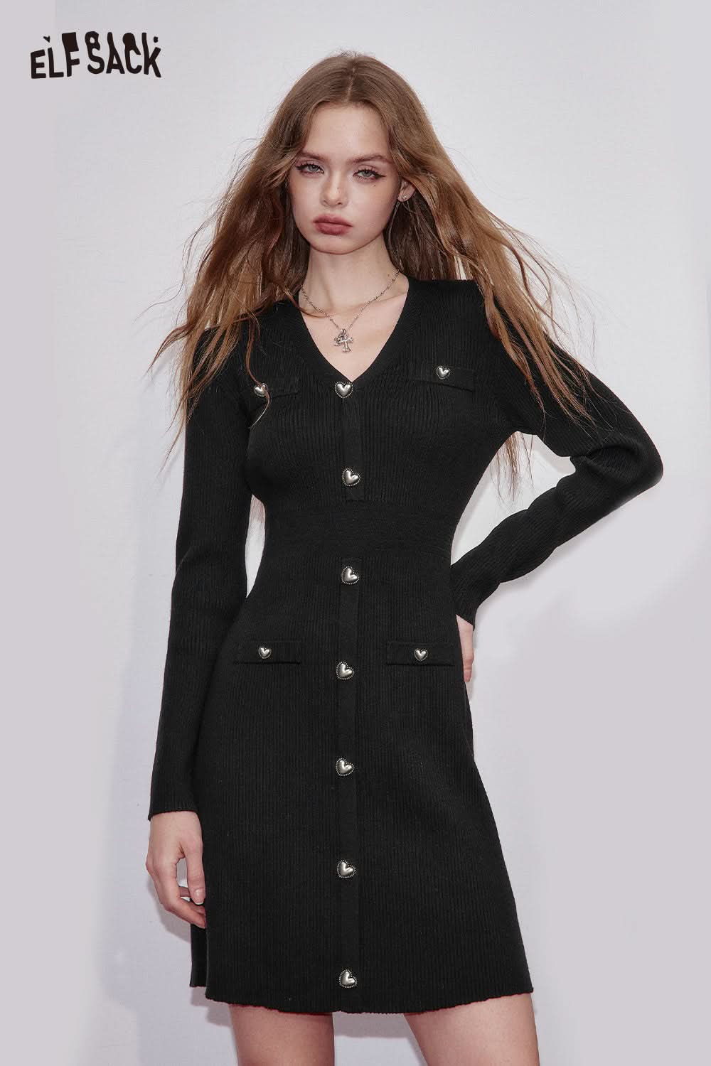 ELFSACK stretch knit bodycon midi dress in black with button details and a fitted silhouette