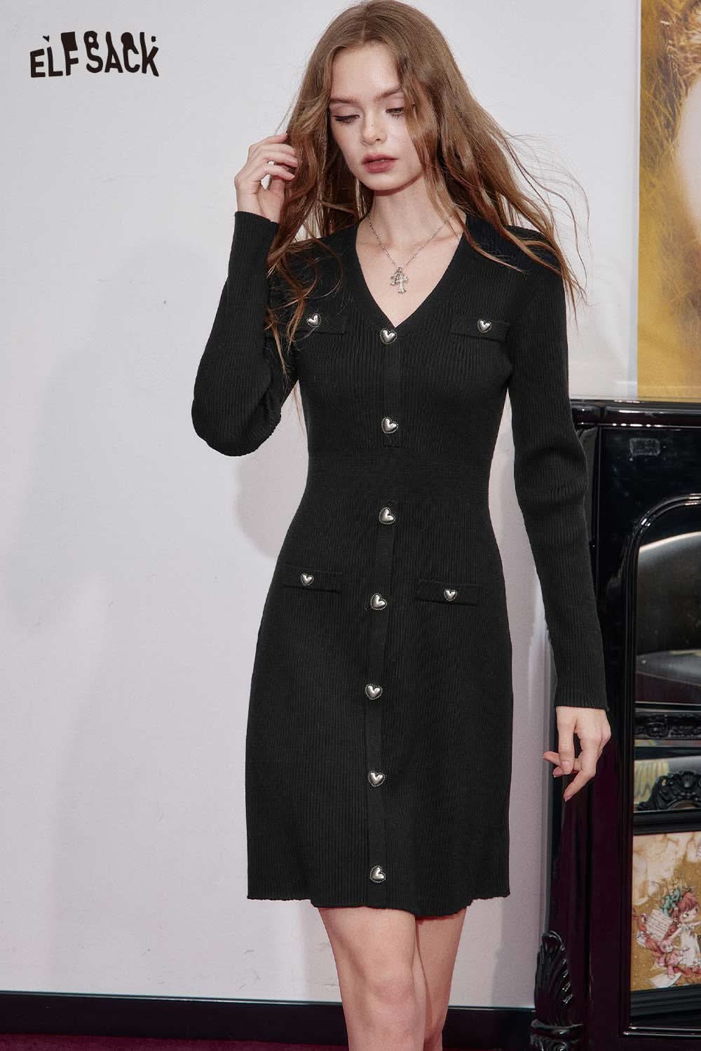 ELFSACK stretch knit bodycon midi dress in black with button detailing and long sleeves