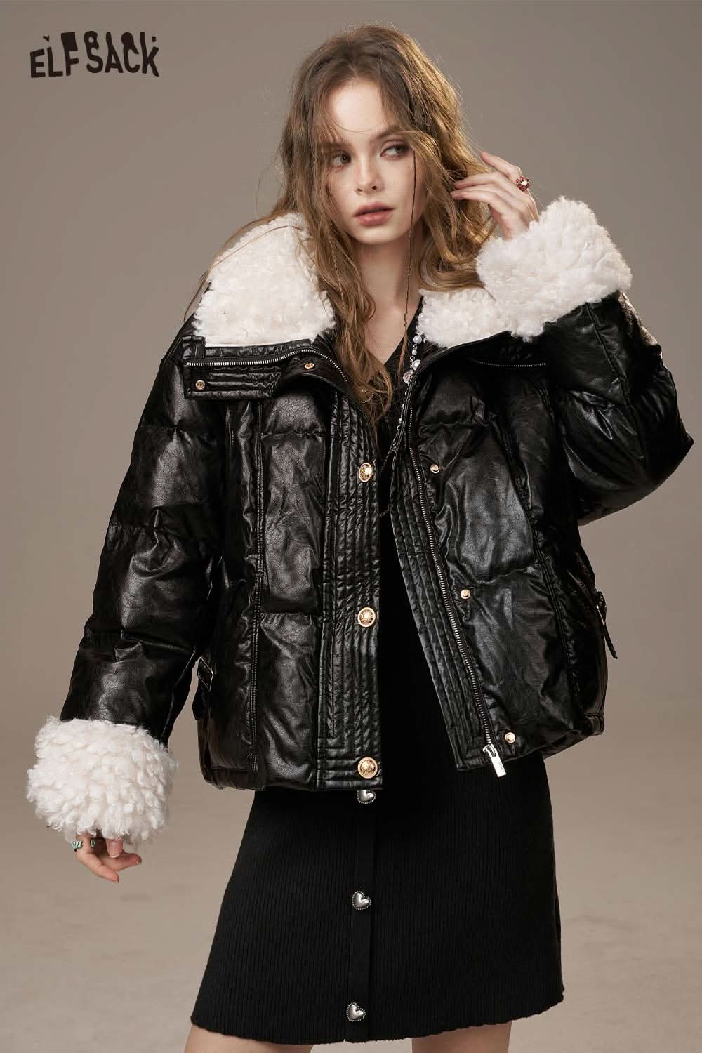 ELFSACK stretch knit bodycon midi dress paired with a stylish black puffer jacket featuring fluffy white cuffs