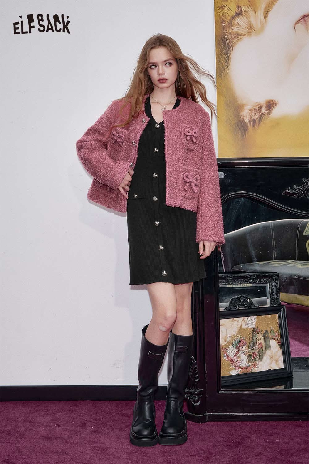 ELFSACK stretch knit bodycon midi dress paired with a pink fuzzy jacket for stylish winter fashion