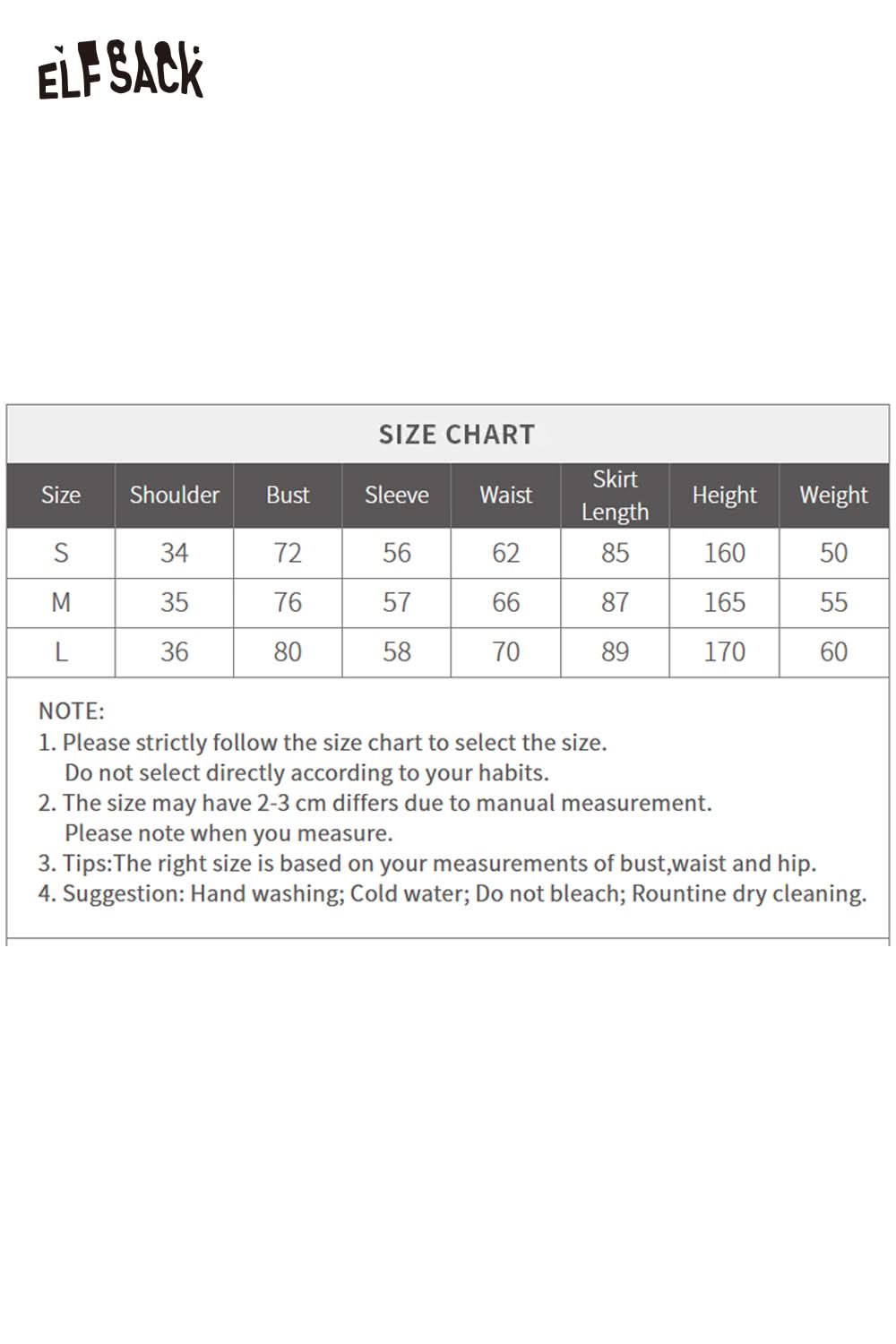 Size chart for ELFSACK stretch knit bodycon midi dress with measurements for various sizes