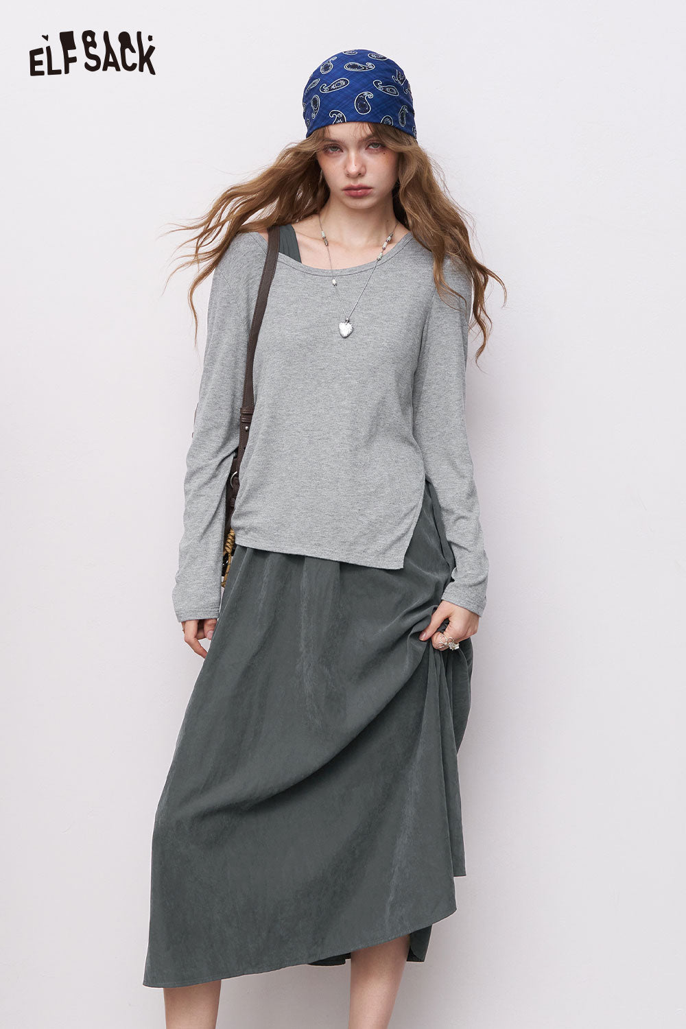 ELFSACK gray stretch knit two piece set long sleeve top and midi skirt on model with blue bandana