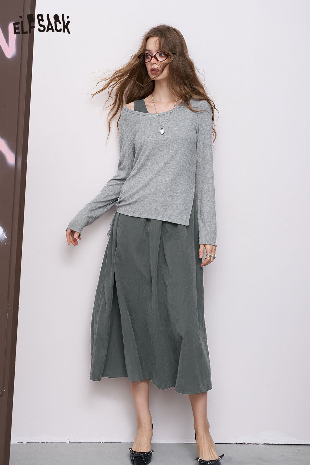 ELFSACK gray stretch knit two piece set long sleeve top and flowy midi skirt casual dress outfit