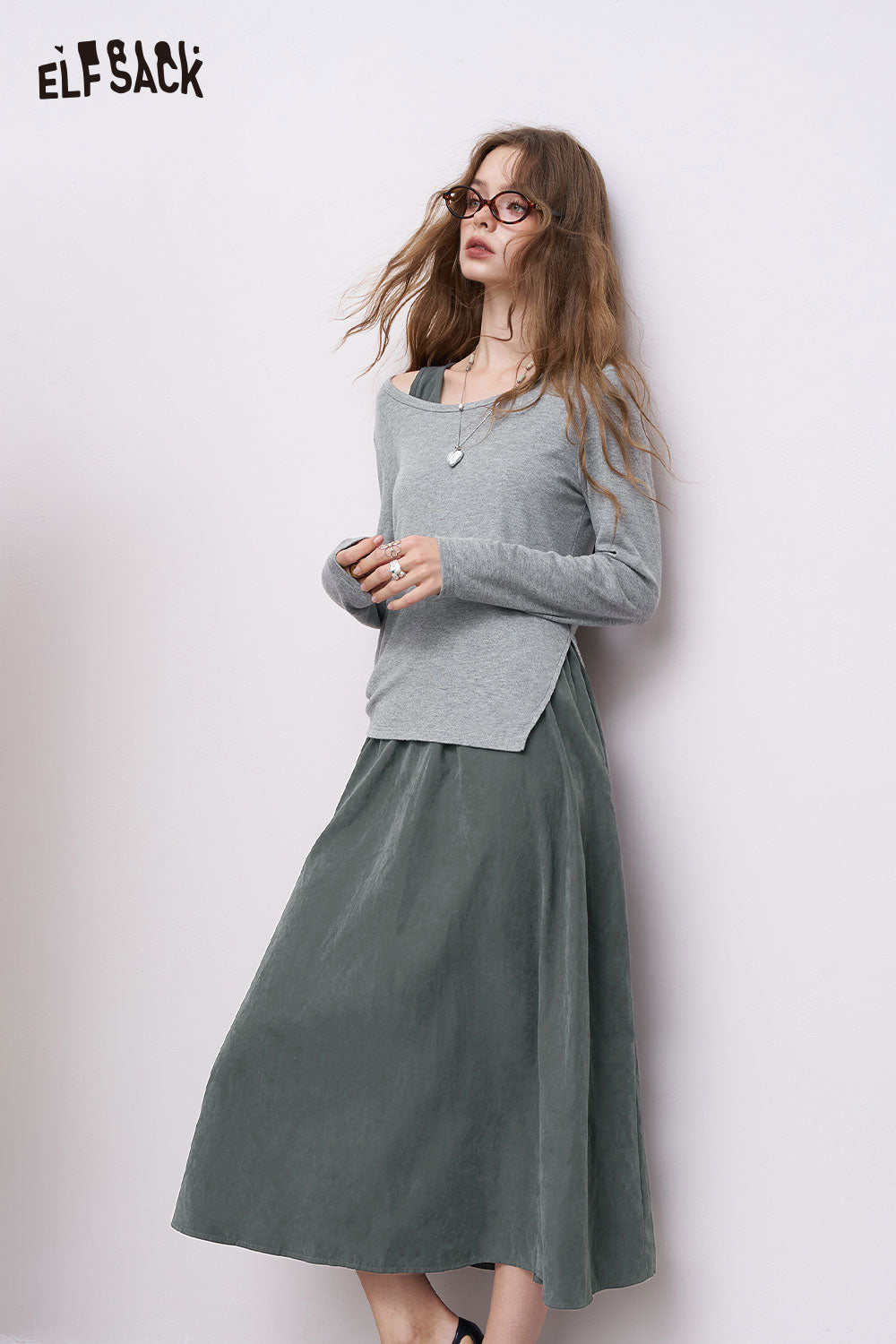 ELFSACK gray stretch knit two piece set with long sleeve top and olive maxi skirt on model