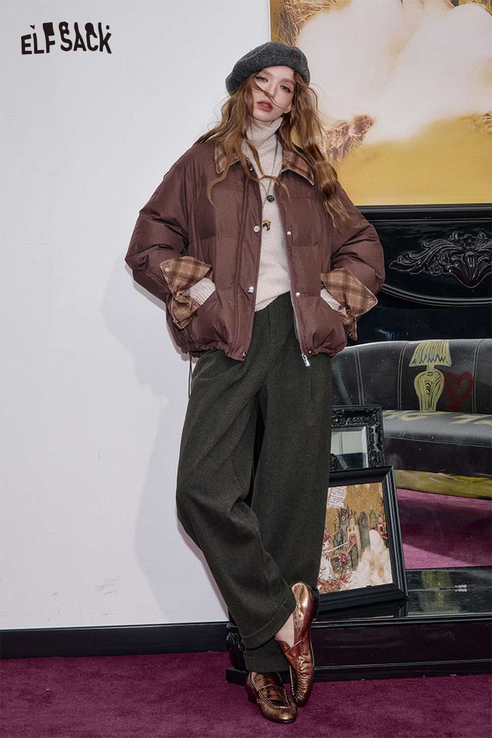 ELFSACK stretch wool blend trousers women in stylish outfit with oversized jacket and accessories
