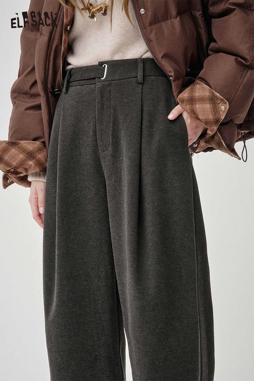 ELFSACK stretch wool blend trousers women in dark gray with a relaxed fit and stylish belt detail