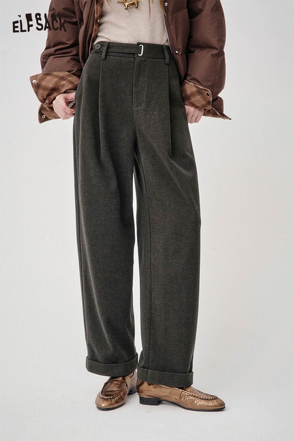Elfsack stretch wool blend trousers women in dark green with a high waist and wide leg design