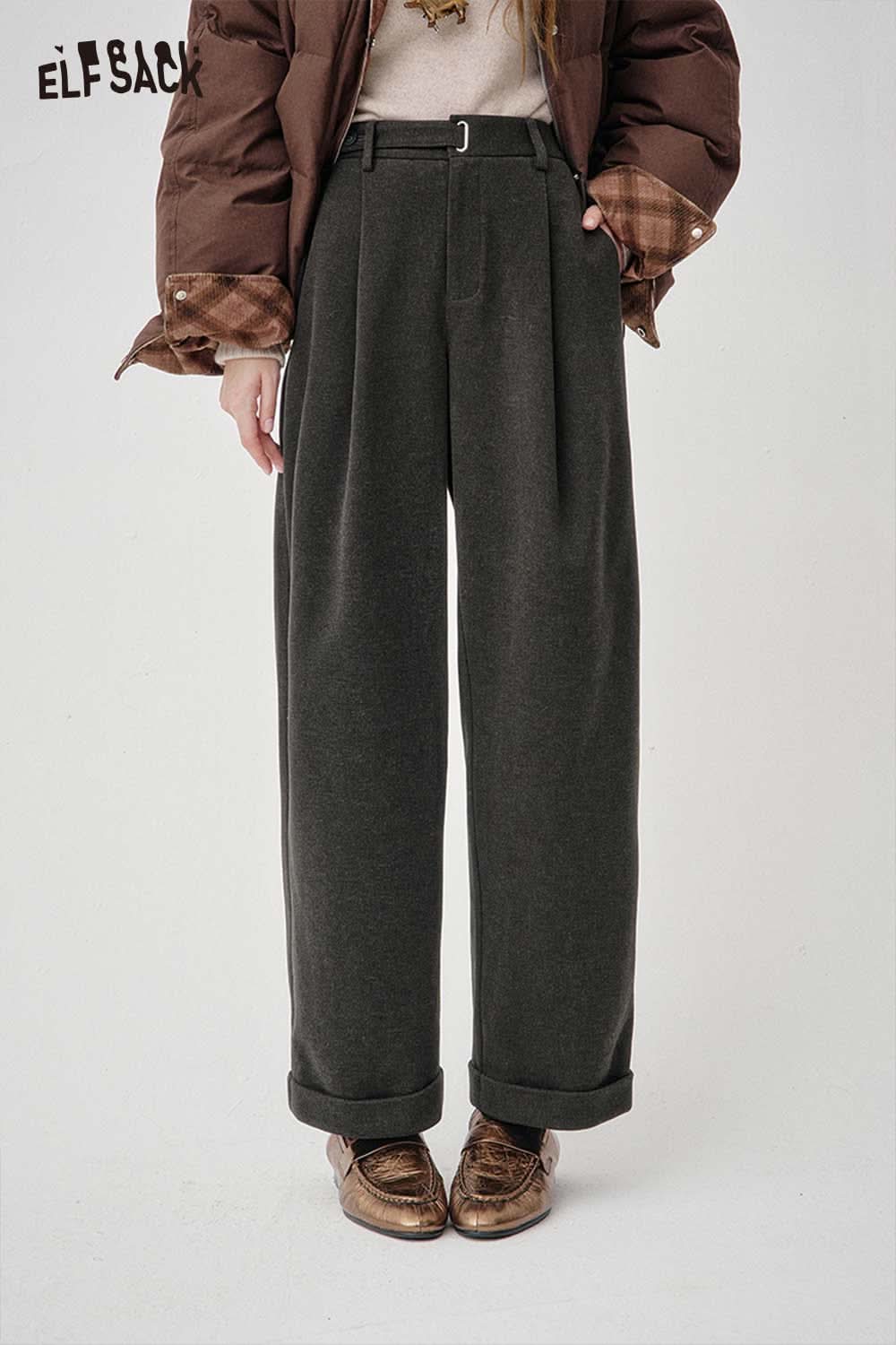 ELFSACK stretch wool blend trousers women in dark gray with a relaxed fit and rolled cuffs