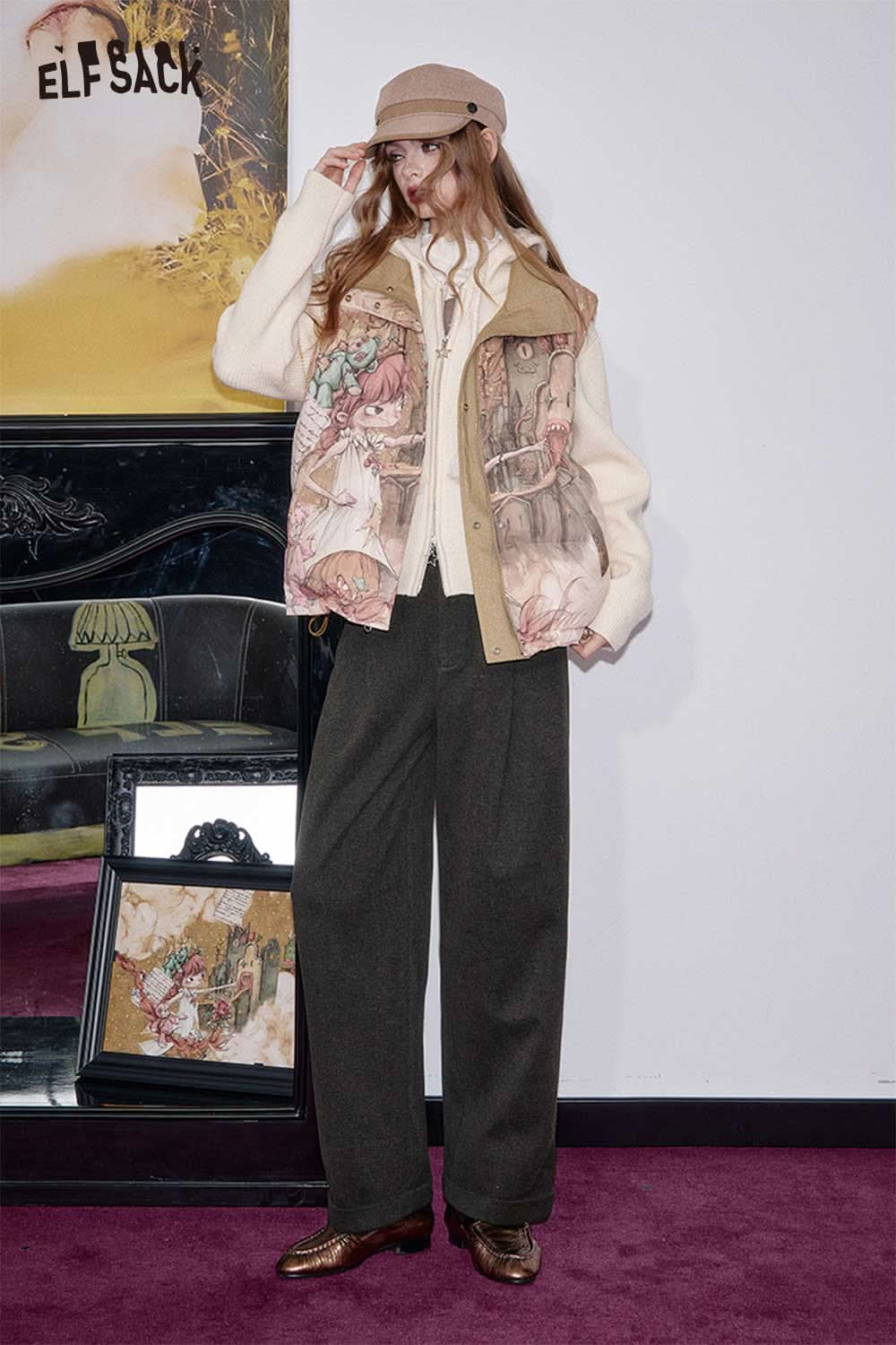 ELFSACK stretch wool blend trousers women styled with a graphic vest and hat for a cozy look