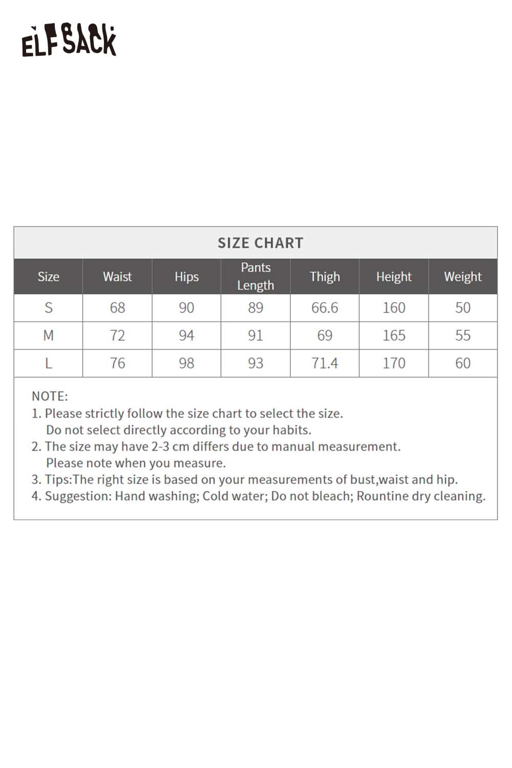 Size chart for ELFSACK stretch wool blend trousers women detailing measurements for fit options