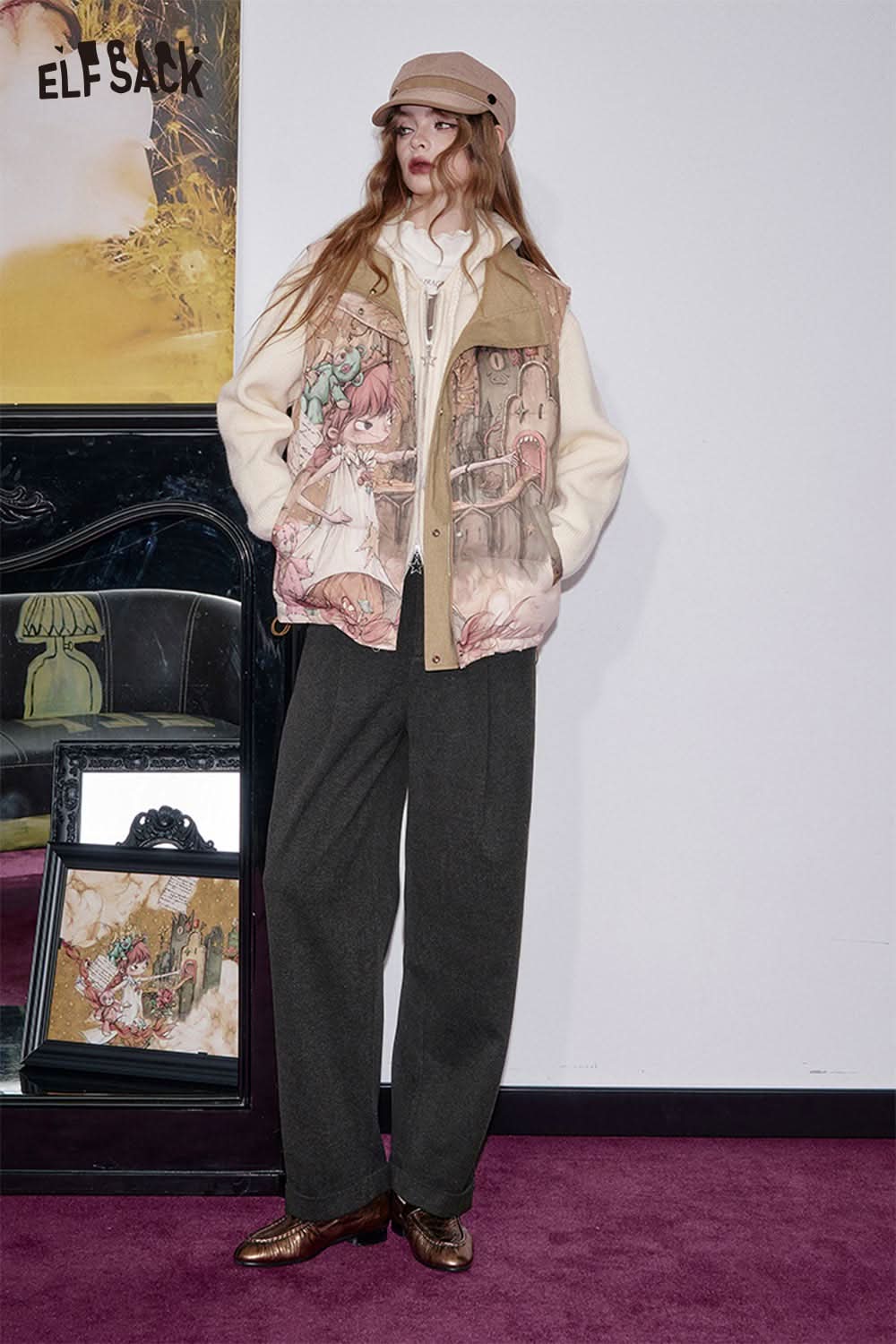 Stylish ELFSACK stretch wool blend trousers women in a comfortable fit paired with a unique illustrated jacket