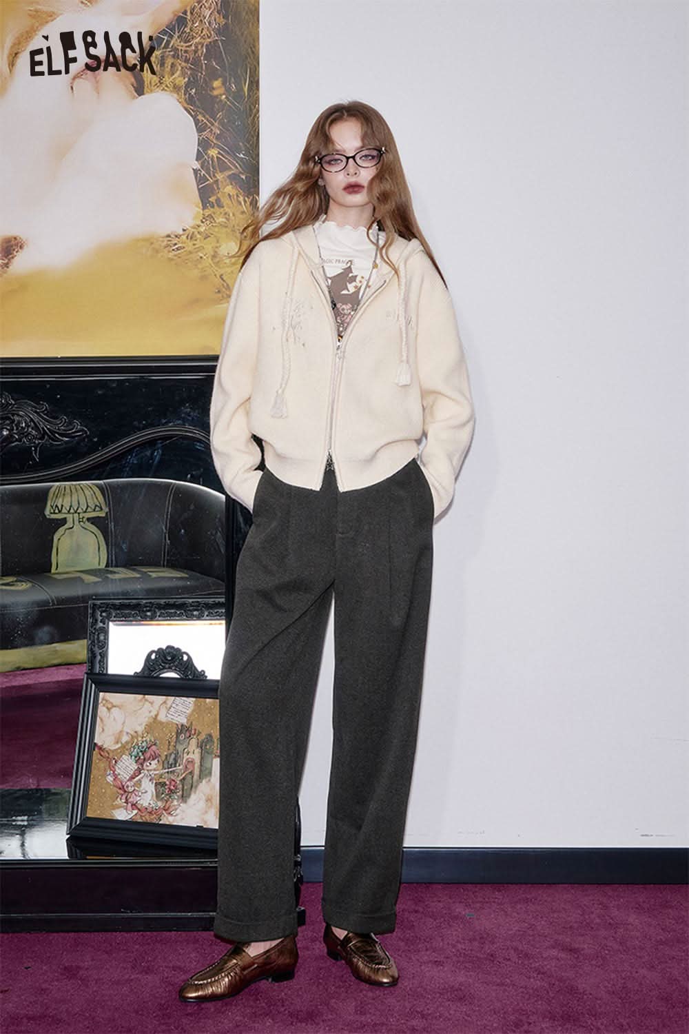 Stylish stretch wool blend trousers women in dark gray paired with a light sweater for a trendy autumn look