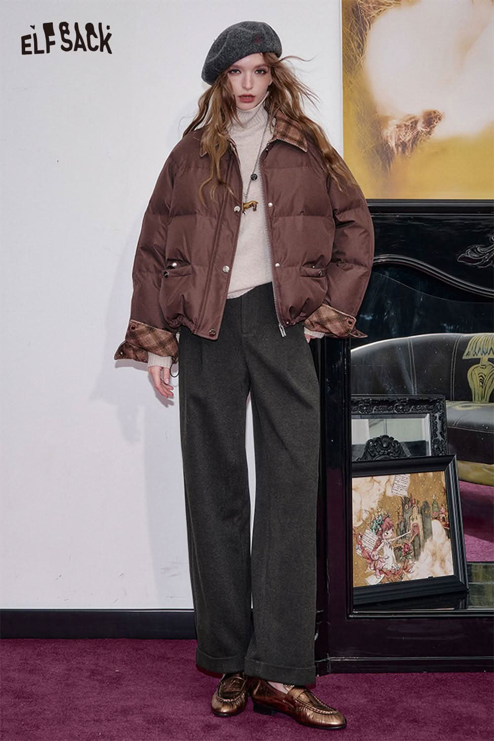 ELFSACK stretch wool blend trousers women in a relaxed fit, paired with a stylish brown jacket