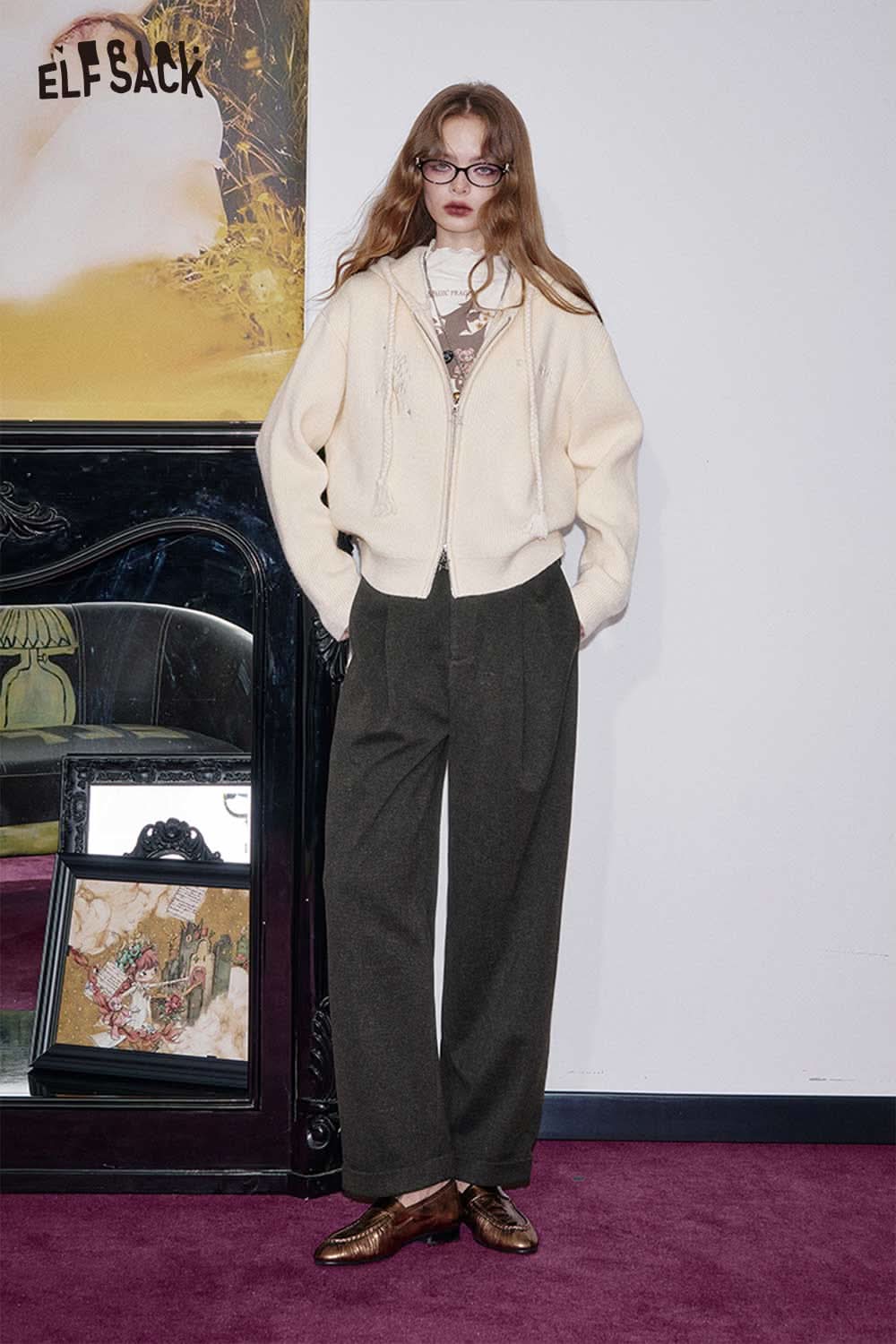 ELFSACK stretch wool blend trousers women in dark gray, styled with a cream sweater and glasses