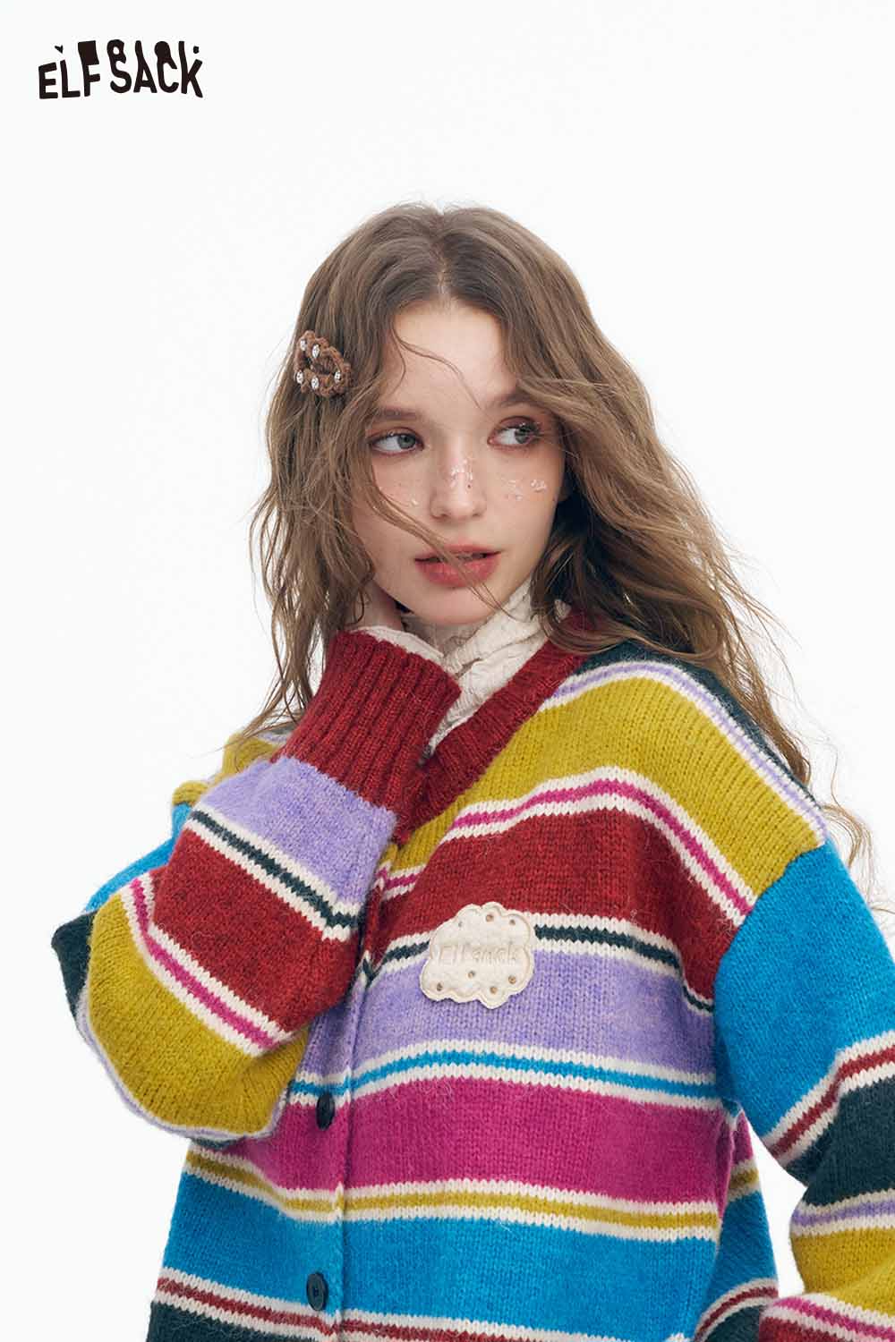 Colorful ELFSACK stripe embroidery button sweater with vibrant stripes and a playful design