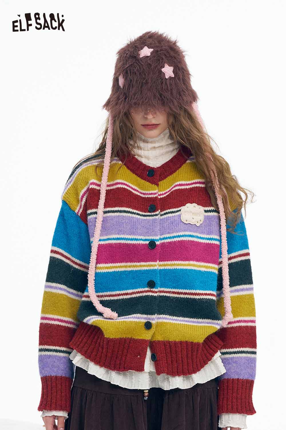 Colorful ELFSACK stripe embroidery button sweater featuring vibrant stripes and playful design