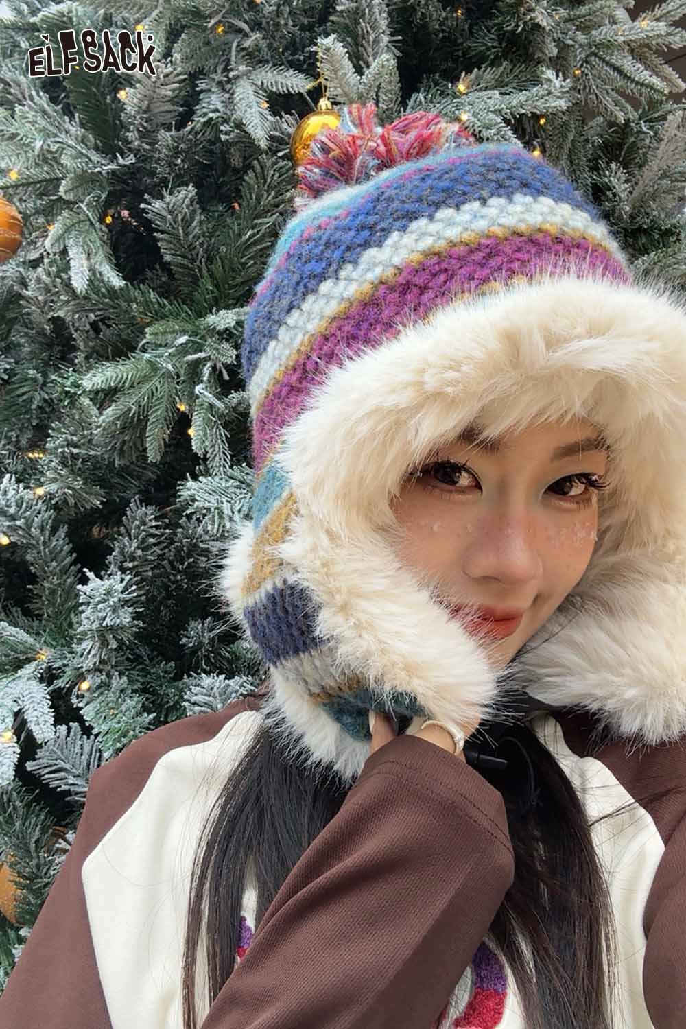 ELFSACK striped color block ear flap beanie with fluffy lining for winter warmth and style