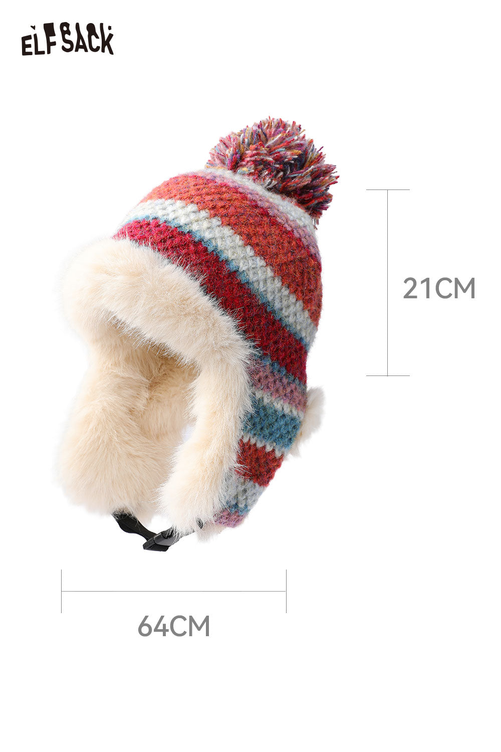 ELFSACK striped color block ear flap beanie with a pom pom and soft faux fur lining for warmth
