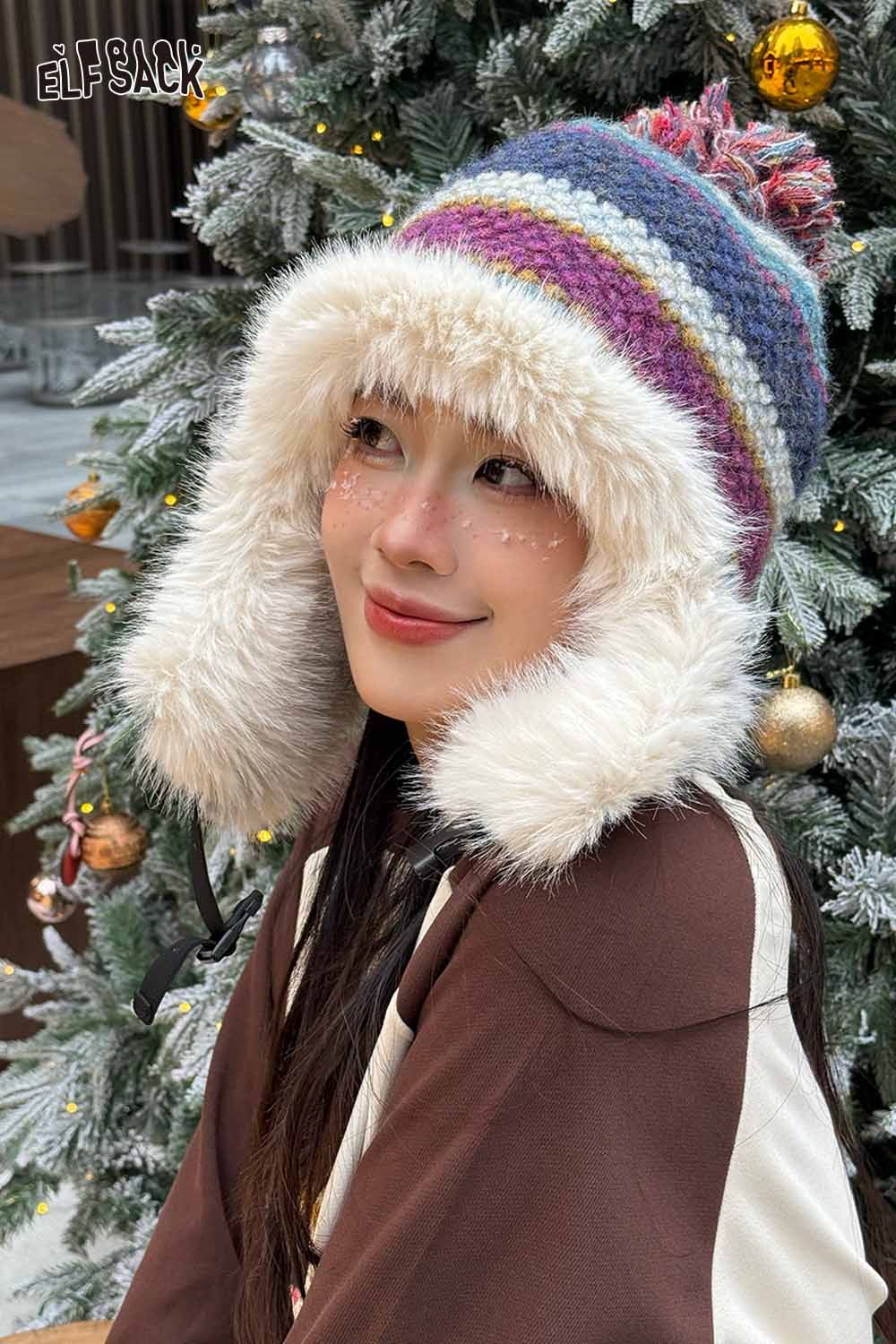 ELFSACK striped color block ear flap beanie with faux fur lining for warmth and style