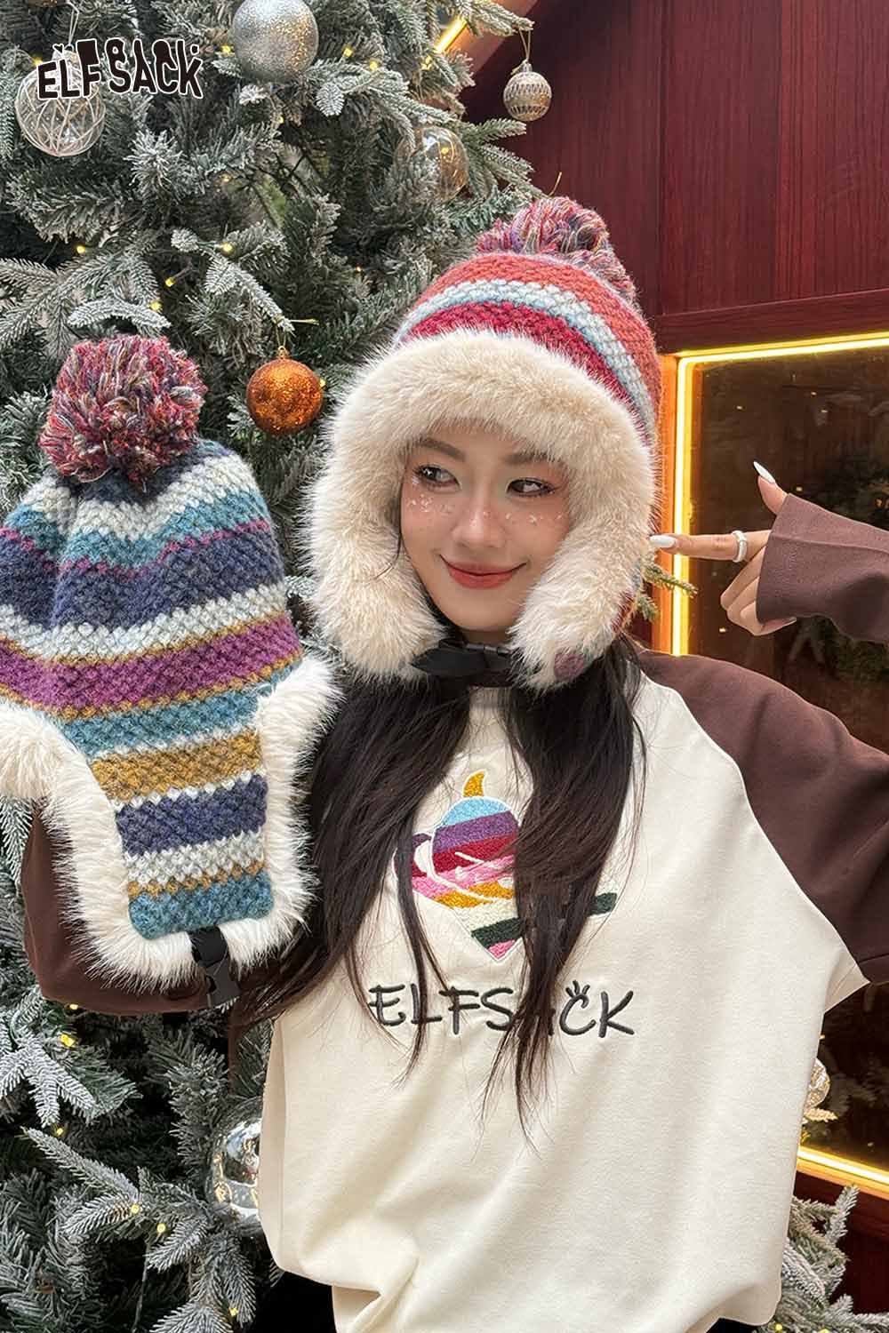 ELFSACK striped color block ear flap beanie with a fluffy interior for warmth and style