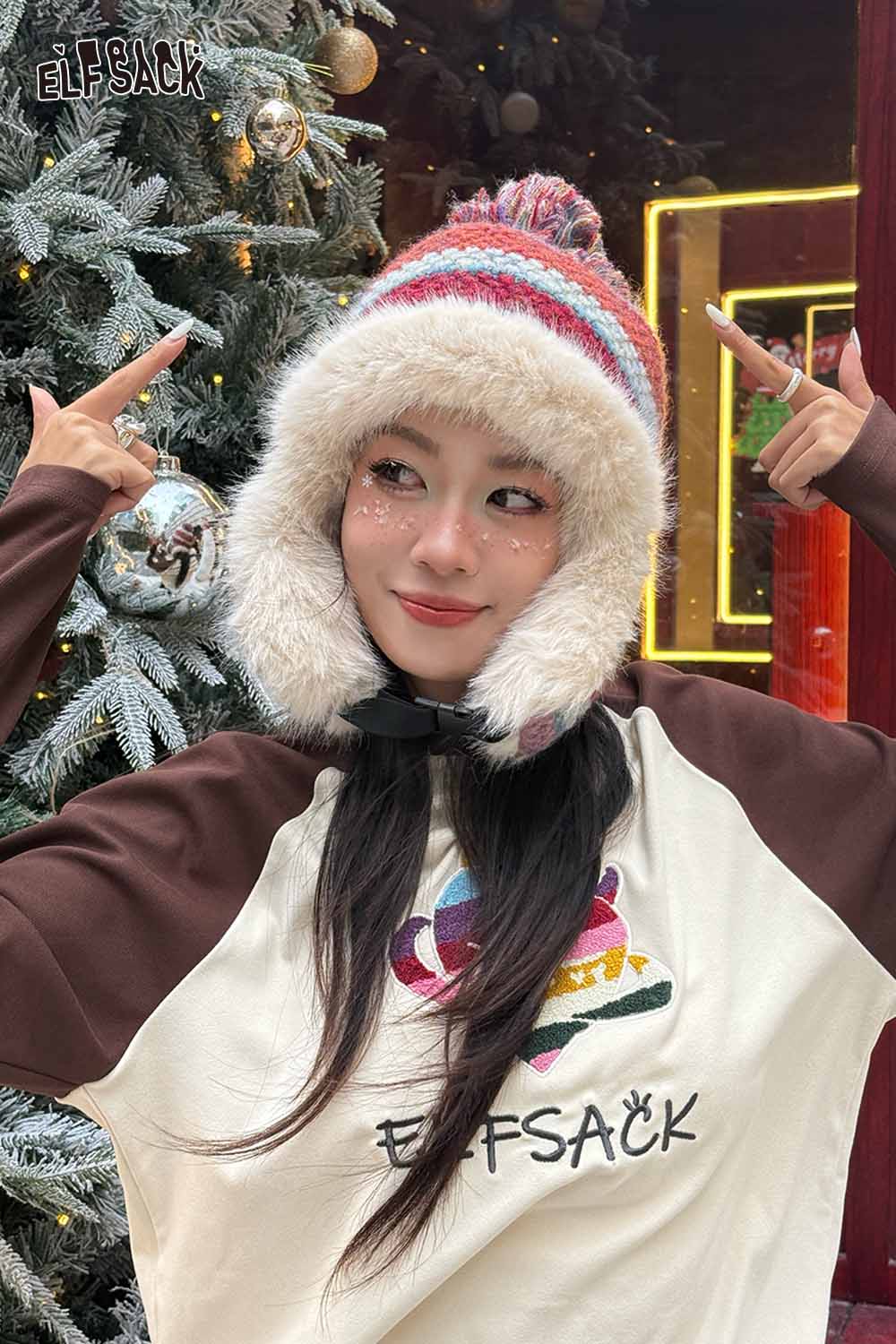 Stylish ELFSACK striped color block ear flap beanie with fluffy trim, perfect for cold weather fashion