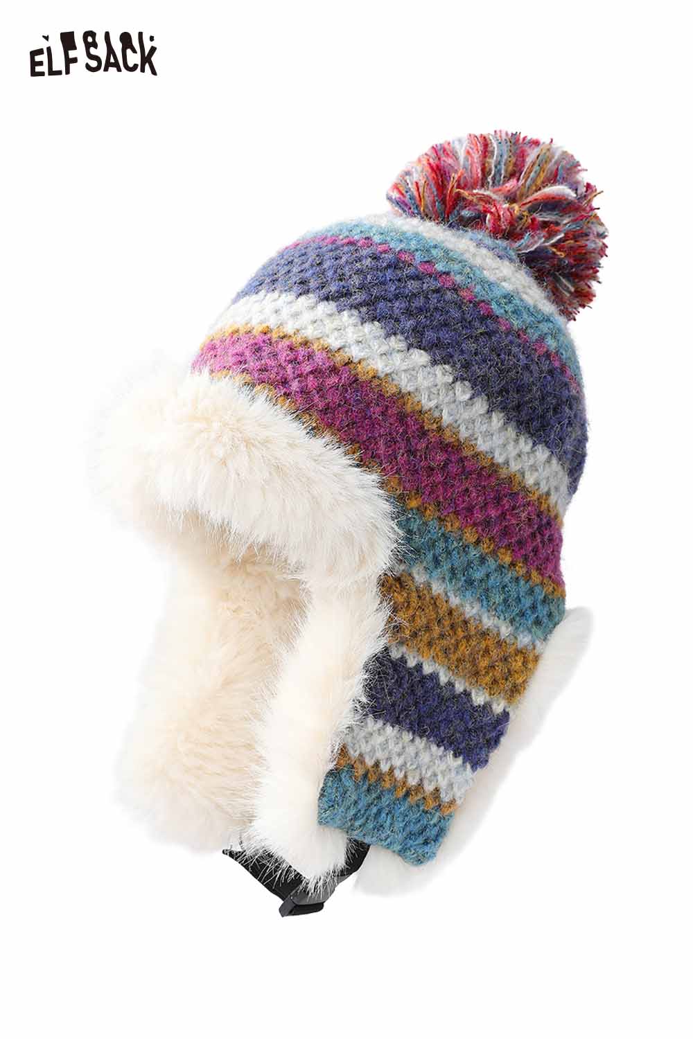 ELFSACK striped color block ear flap beanie with pom pom and soft lining for warmth