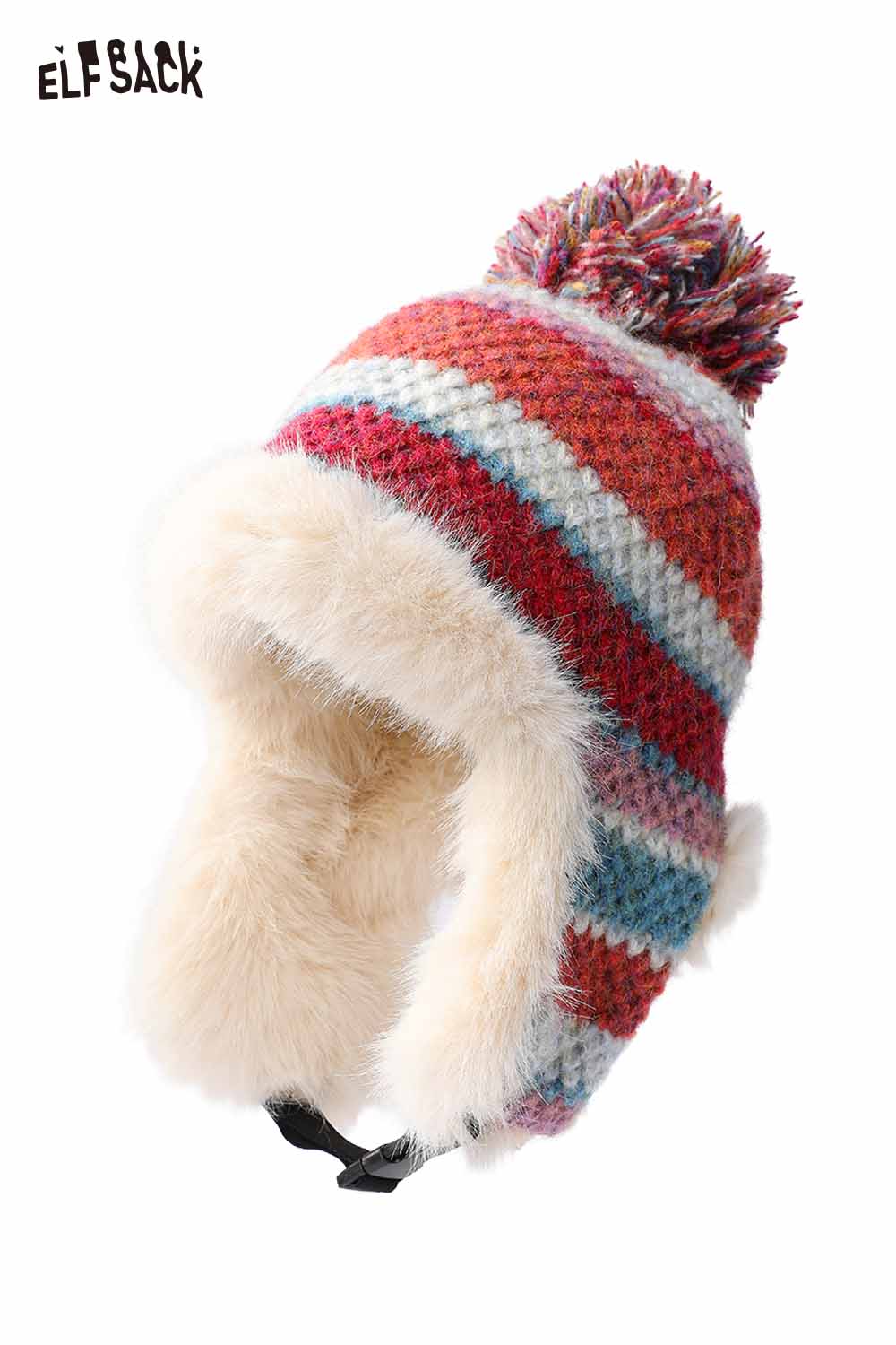 ELFSACK striped color block ear flap beanie with fleece lining and colorful pompom detail