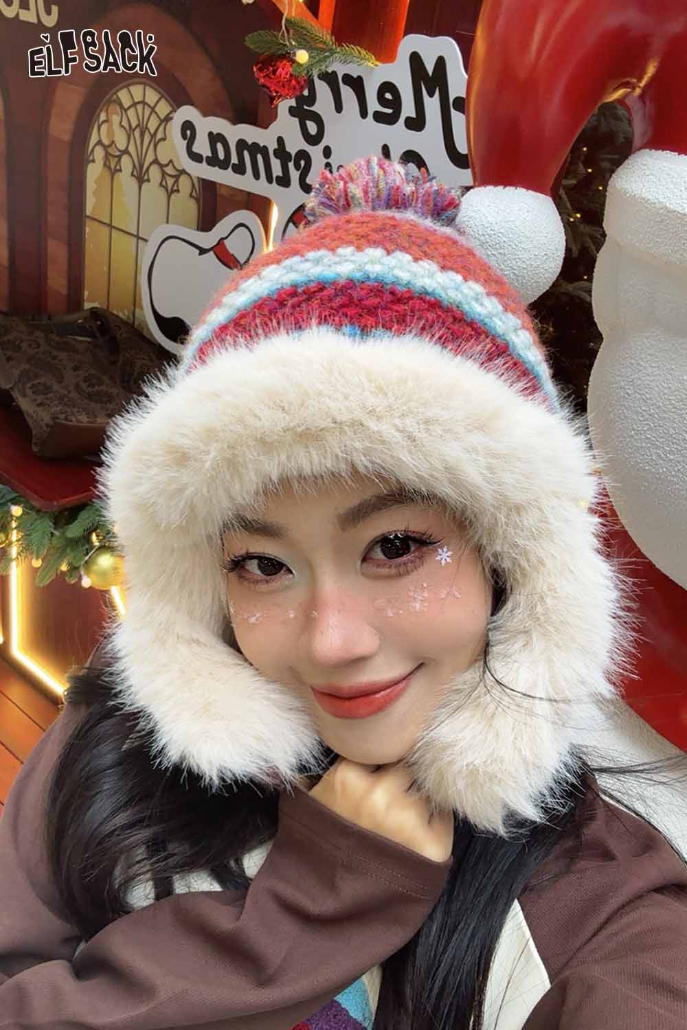 ELFSACK striped color block ear flap beanie with faux fur trim for winter warmth and style