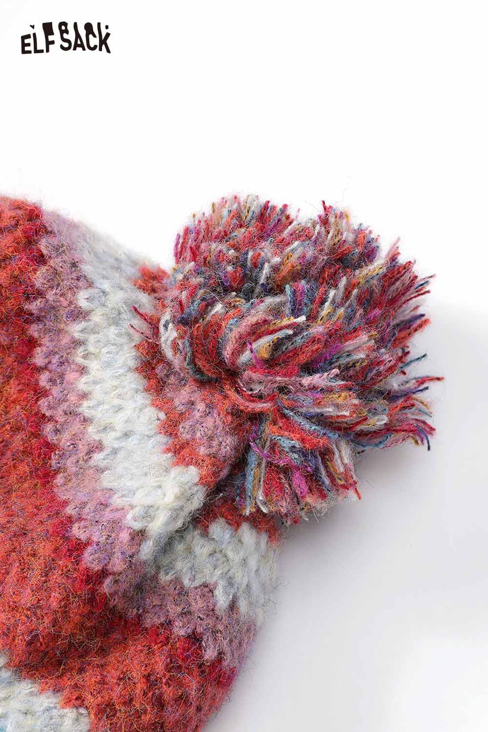ELFSACK striped color block ear flap beanie in red and pink with a fluffy pom pom on top