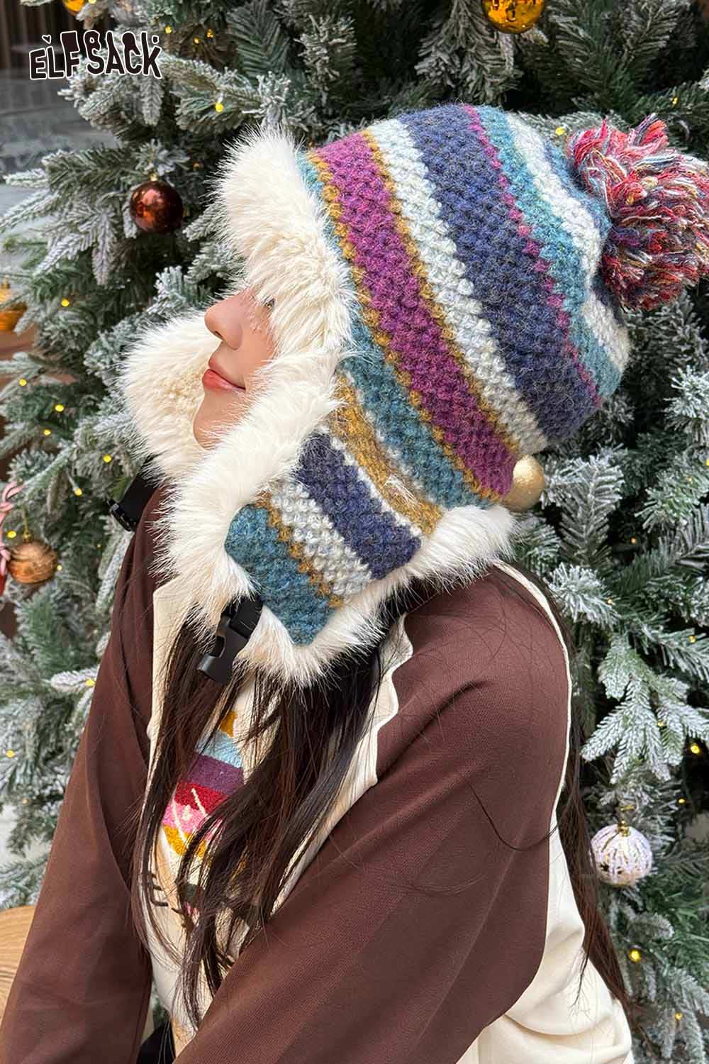 ELFSACK striped color block ear flap beanie with pom pom and faux fur trim for winter style