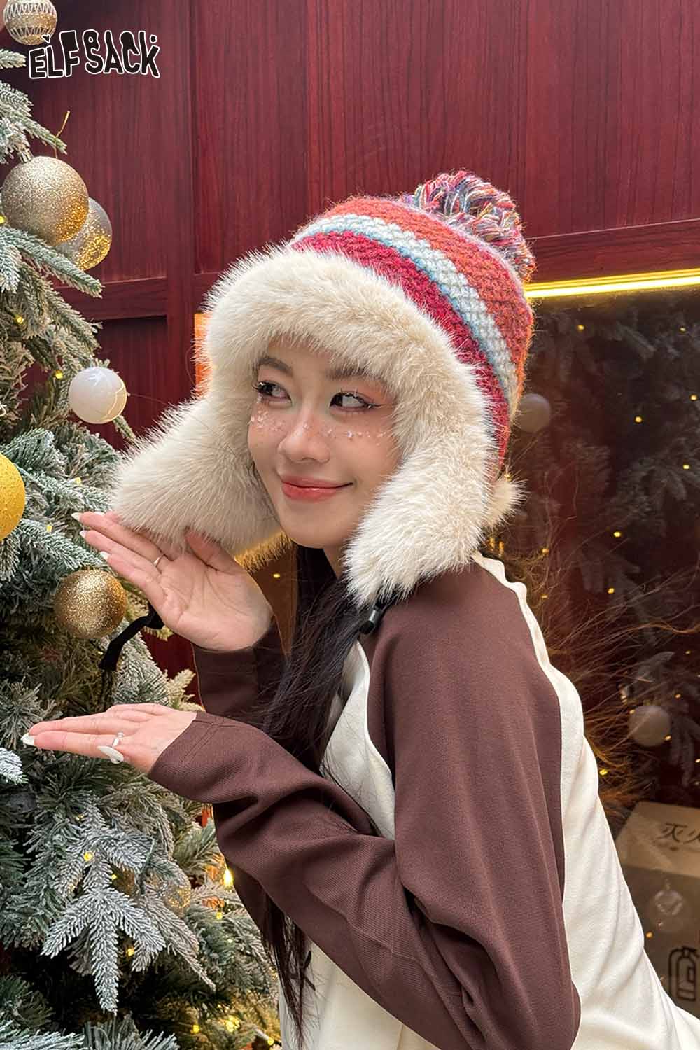 ELFSACK striped color block ear flap beanie with fluffy lining for winter warmth and style