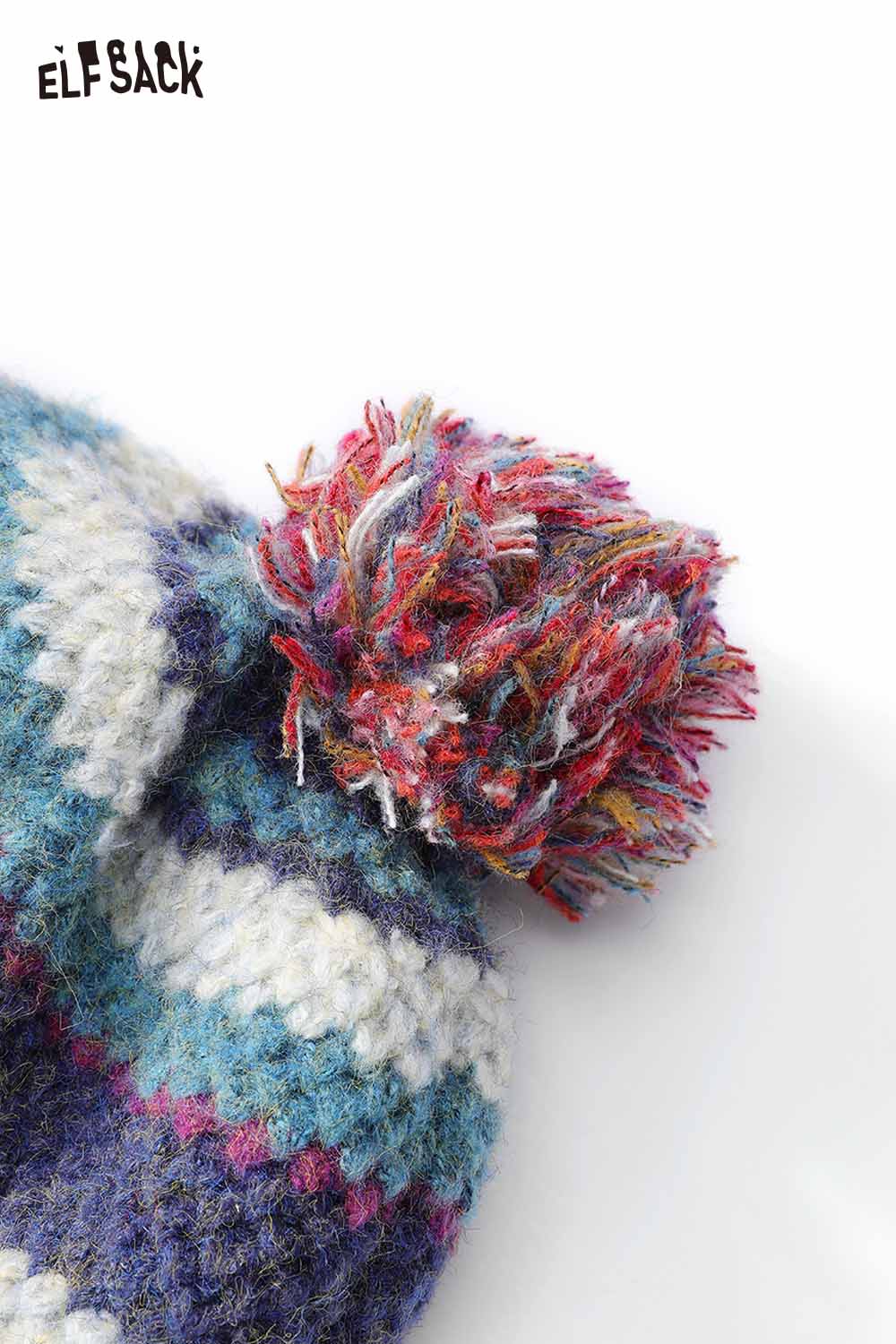 ELFSACK striped color block ear flap beanie with colorful pom pom for stylish winter wear