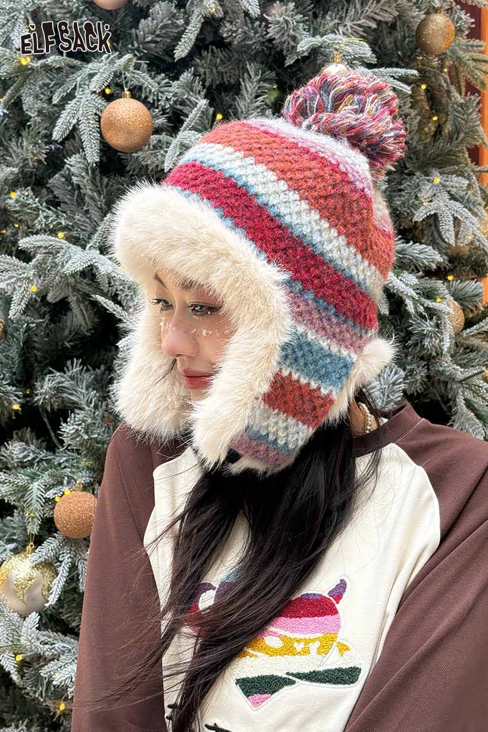 ELFSACK striped color block ear flap beanie with faux fur lining and playful pom pom on top